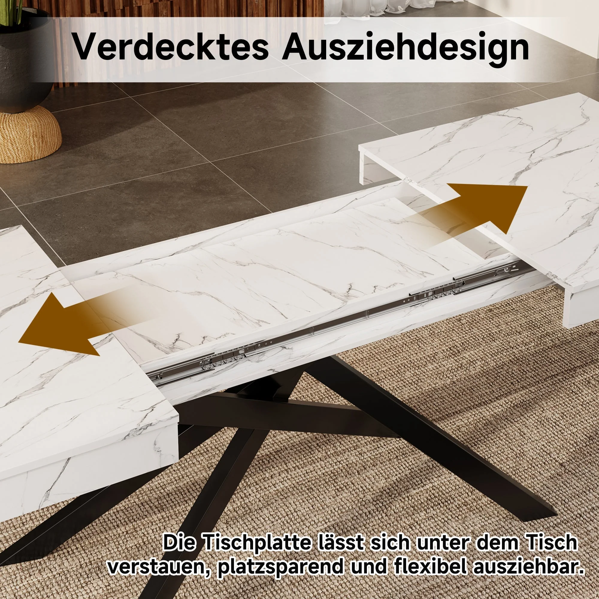 Extendable Dining Table 140/180x80cm Rectangular 6-8 Seater Metal Legs - White - Image 9