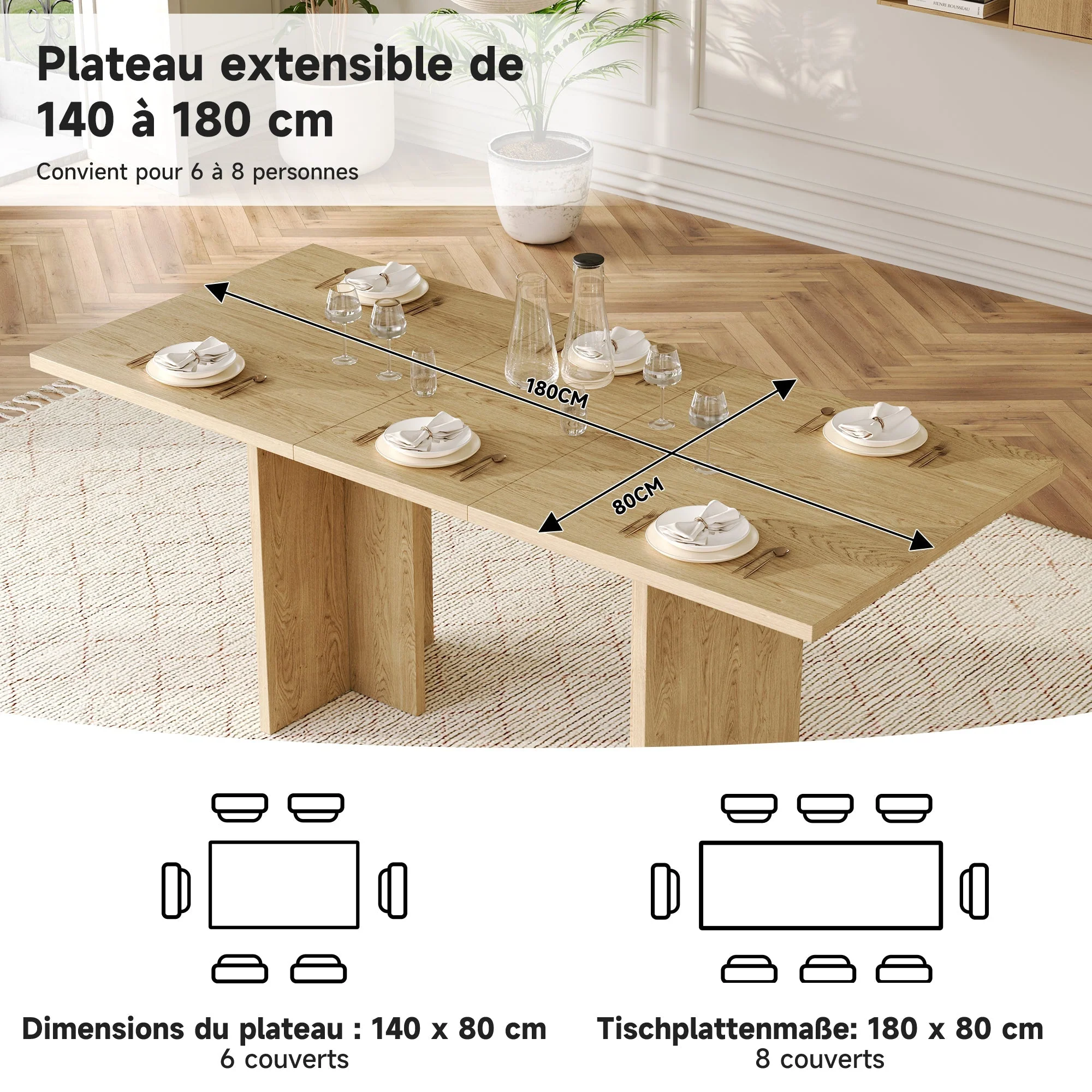 Extendable Dining Table 140/180x80cm Rectangular 6-8 Seater - Oak Color - Image 10