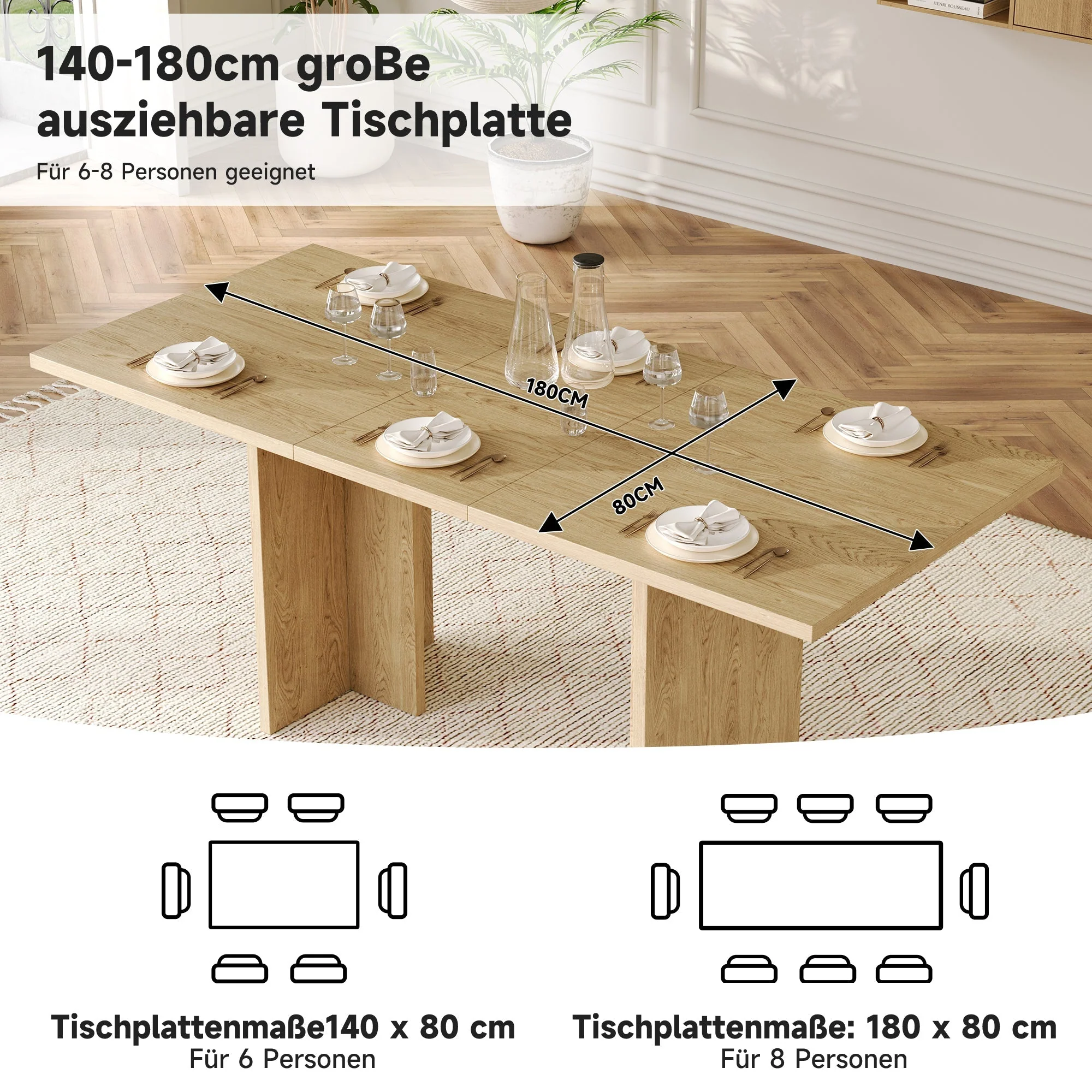 Extendable Dining Table 140/180x80cm Rectangular 6-8 Seater - Oak Color - Image 7