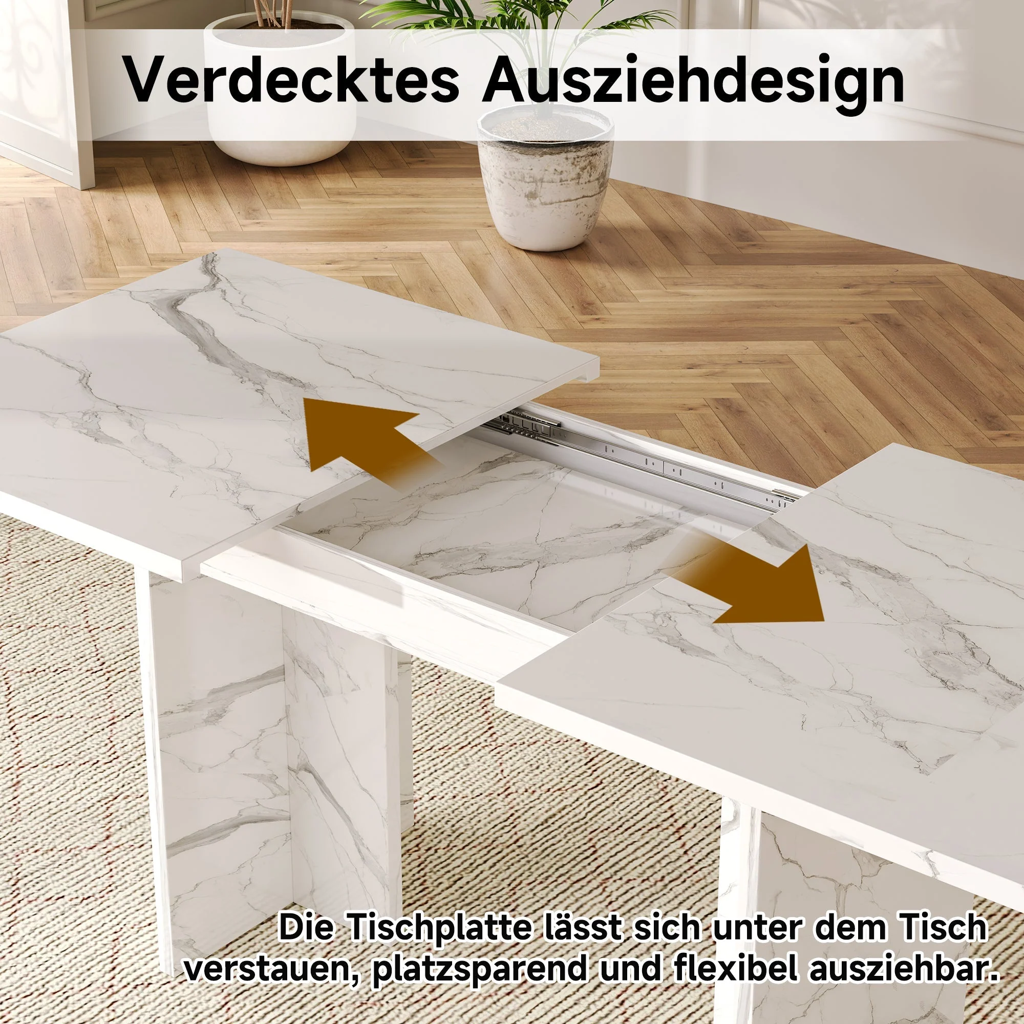 Extendable Dining Table 140/180x80cm Rectangular 6-8 Seater - White Marble - Image 7