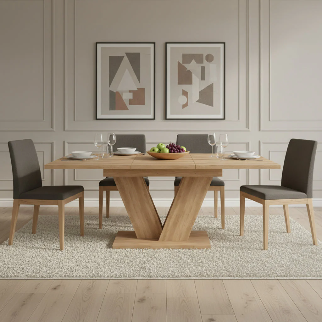 Extendable Dining Table 140/180x80cm Rectangular Thickened Top V-Shaped Legs Oak Color - Image 3