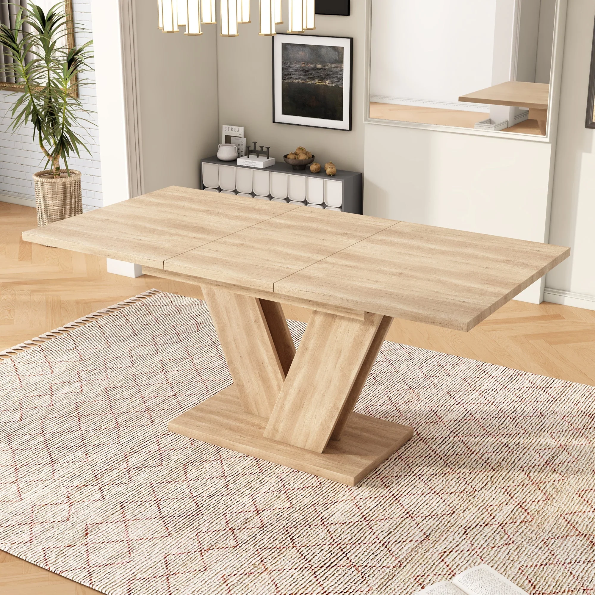 Extendable Dining Table 140/180x80cm Rectangular Thickened Top V-Shaped Legs Oak Color - Image 4