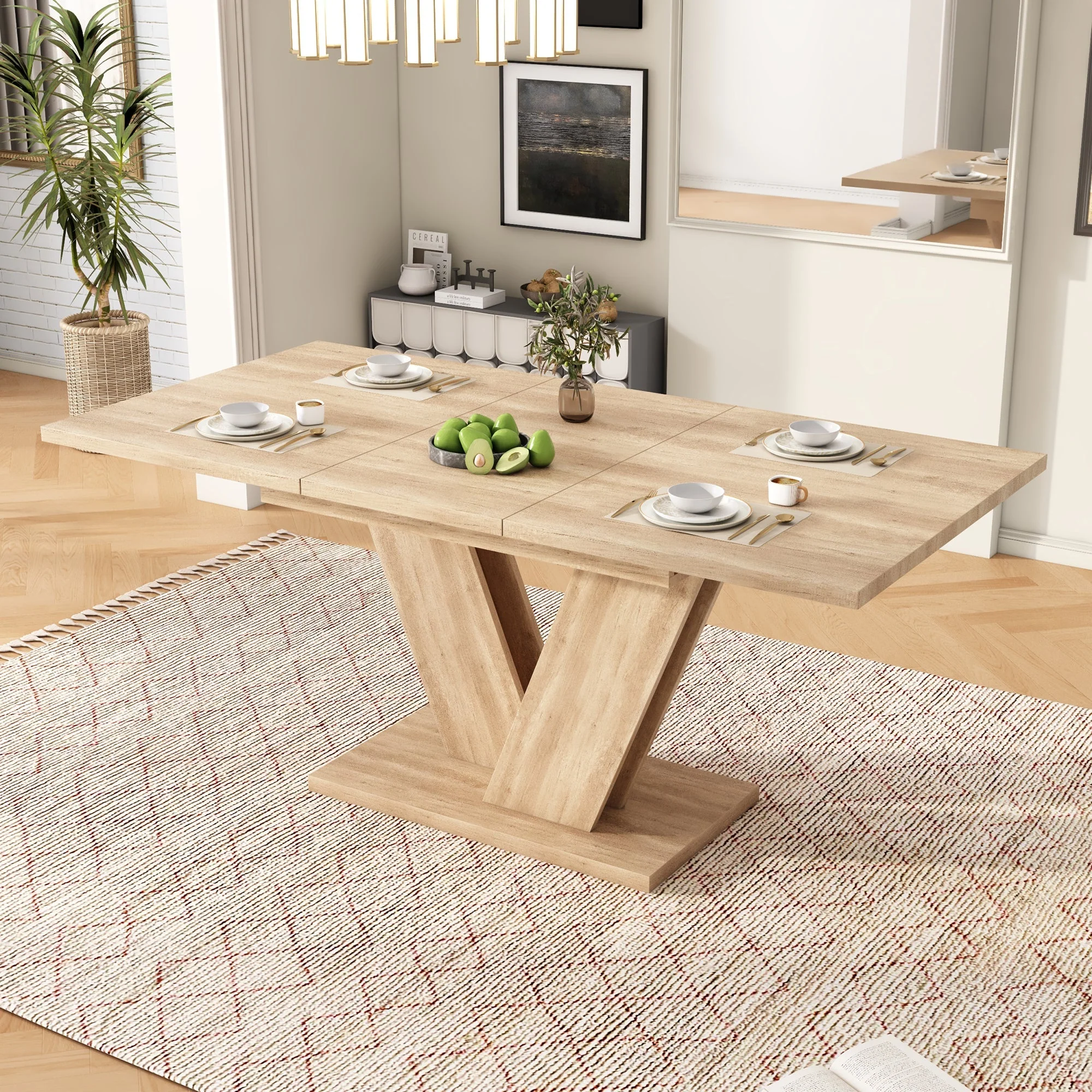 Extendable Dining Table 140/180x80cm Rectangular Thickened Top V-Shaped Legs Oak Color - Image 5