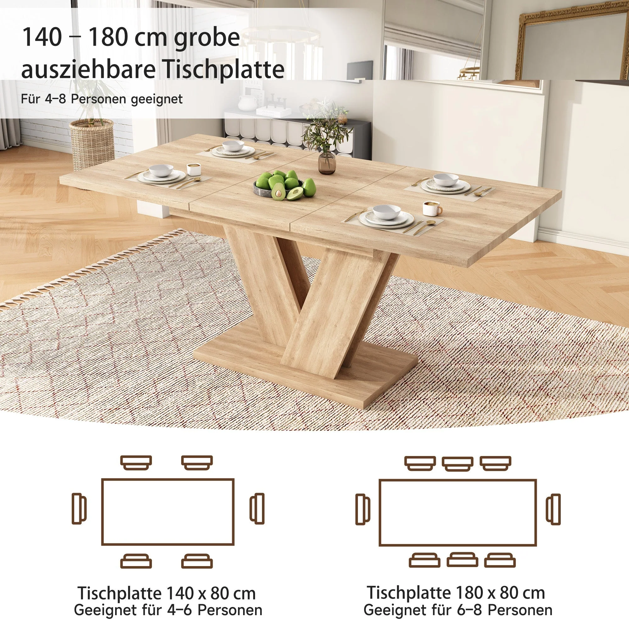 Extendable Dining Table 140/180x80cm Rectangular Thickened Top V-Shaped Legs Oak Color - Image 7