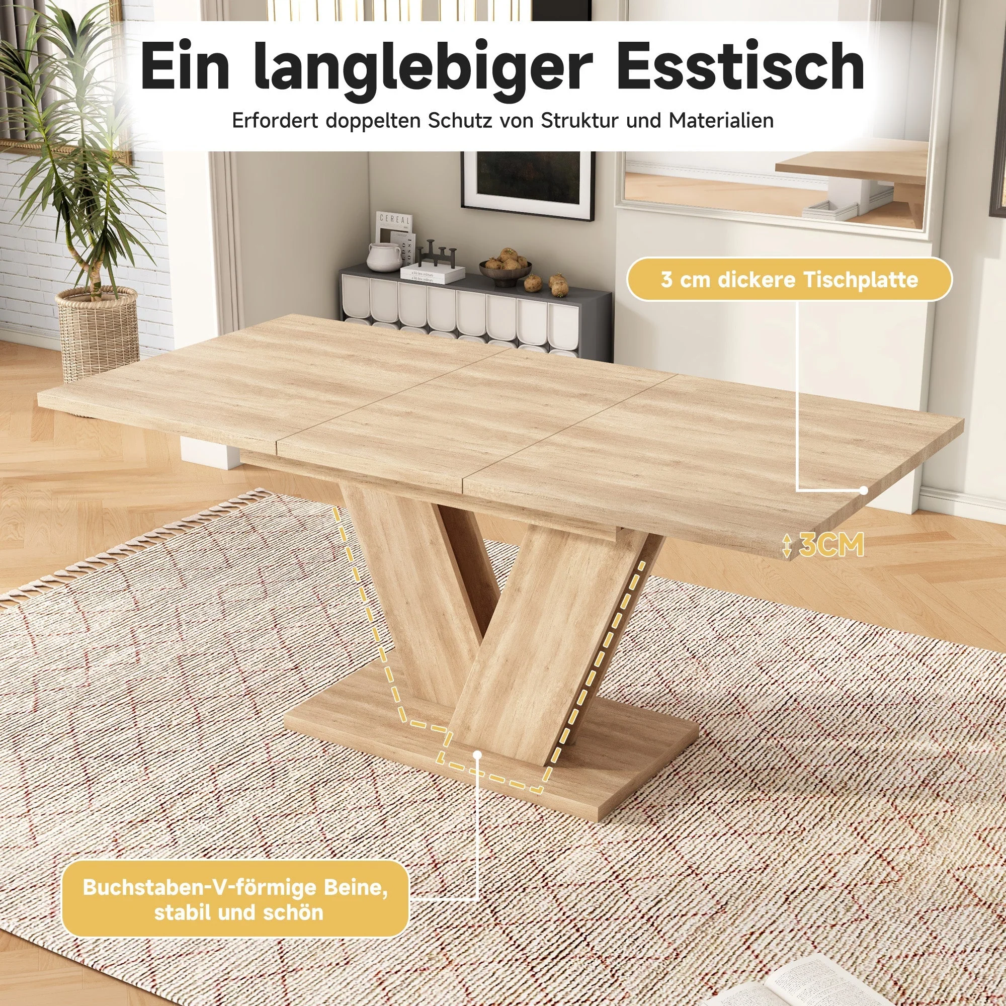 Extendable Dining Table 140/180x80cm Rectangular Thickened Top V-Shaped Legs Oak Color - Image 8