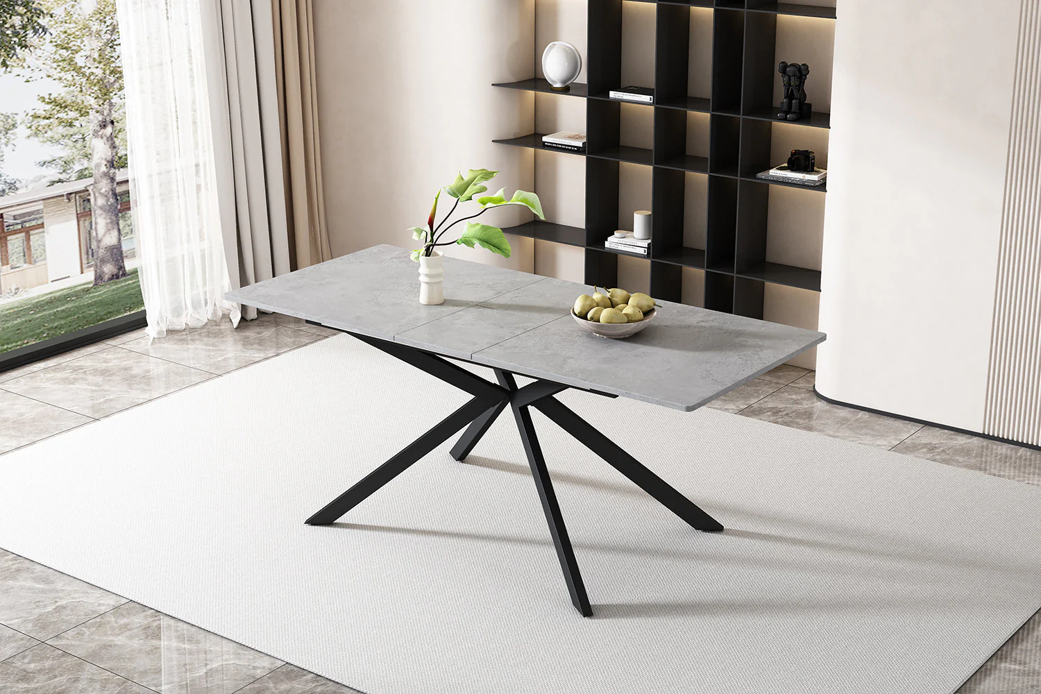 Extendable Dining Table Automatic Rectangular Cross Leg L150/180cm - Cement Pattern Black/Grey - Image 6