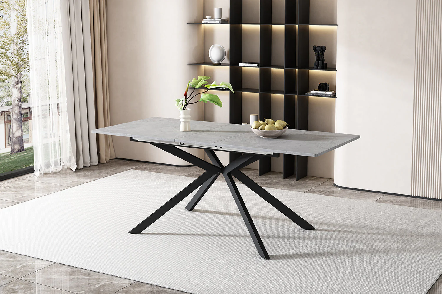 Extendable Dining Table Automatic Rectangular Cross Leg L150/180cm - Cement Pattern Black/Grey - Image 8