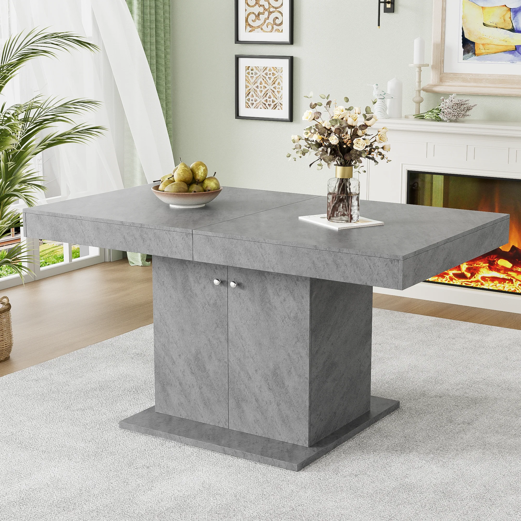 Extendable Dining Table Automatic Telescopic Storage 140/180x80cm - Concrete Look - Image 4