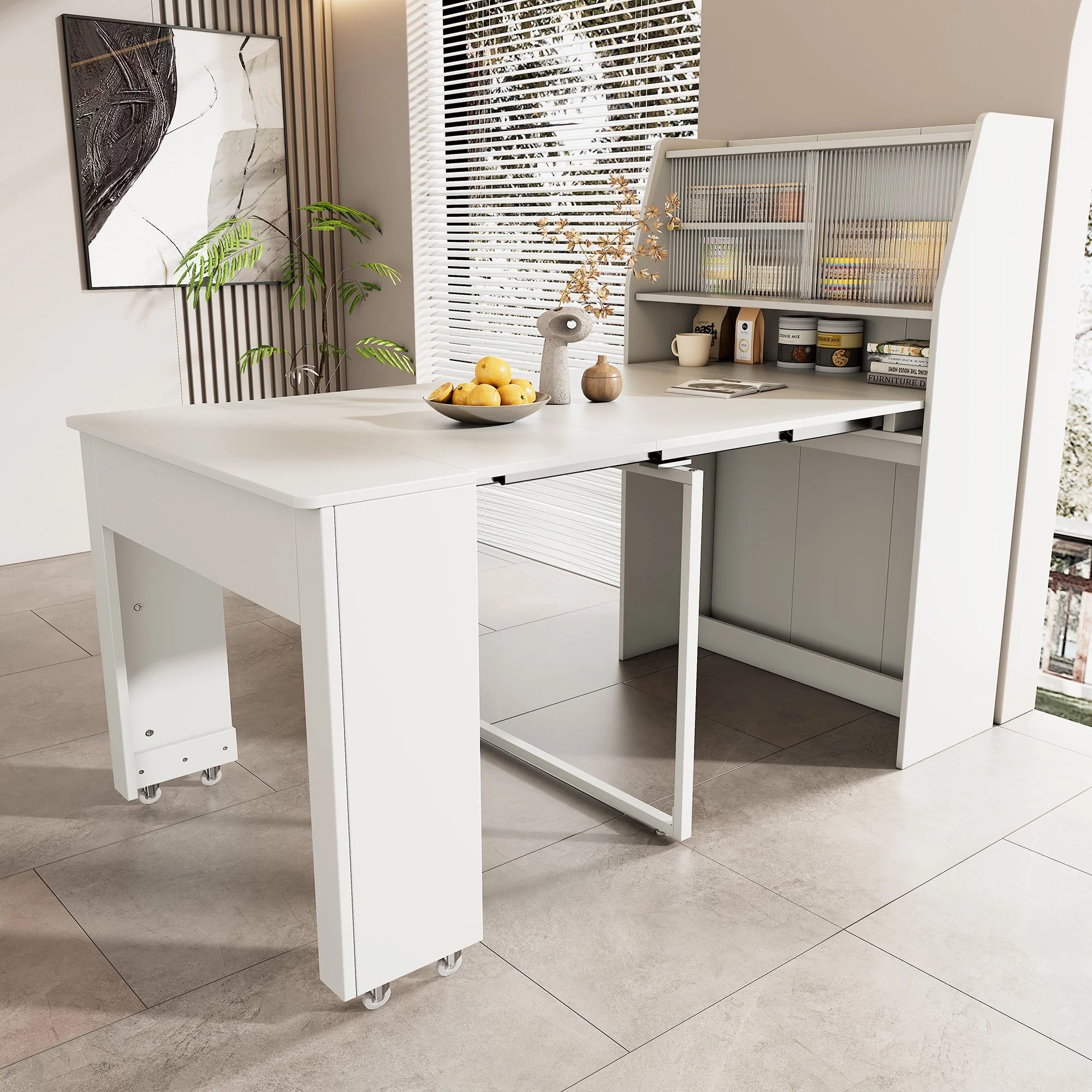 Extendable Dining Table Multifunctional Storage Cabinet Rectangular White