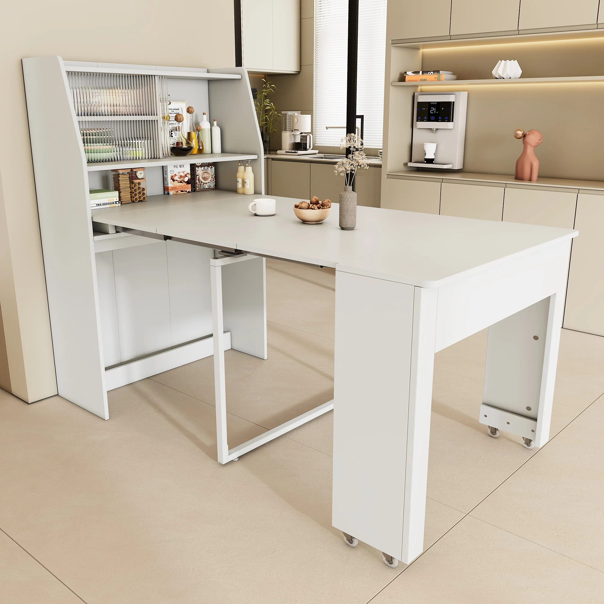 Extendable Dining Table Multifunctional Storage Cabinet Rectangular White - Image 2
