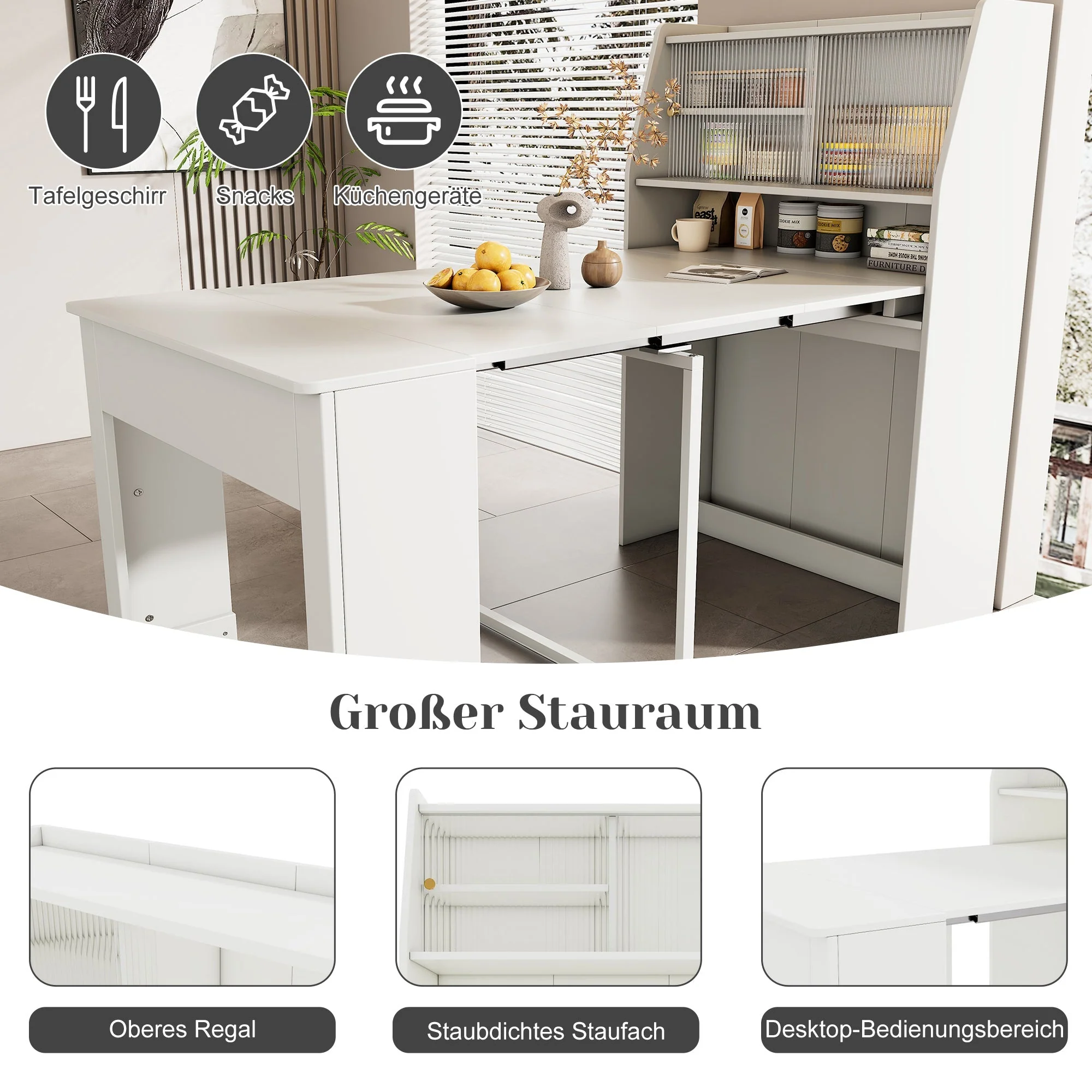 Extendable Dining Table Multifunctional Storage Cabinet Rectangular White - Image 4