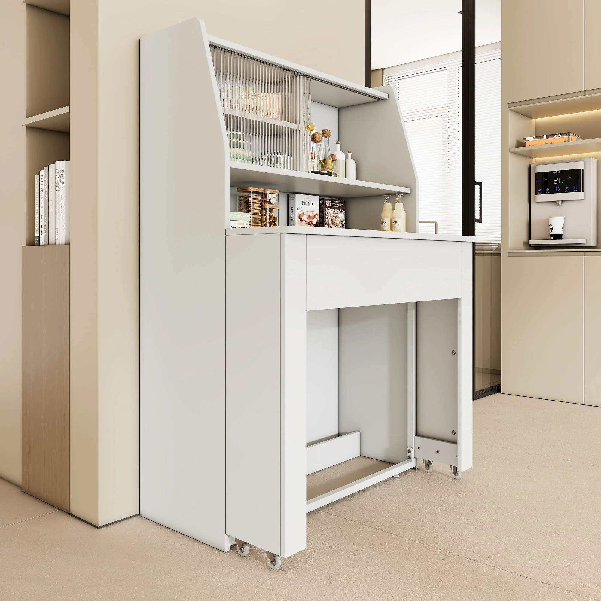 Extendable Dining Table Multifunctional Storage Cabinet Rectangular White - Image 5
