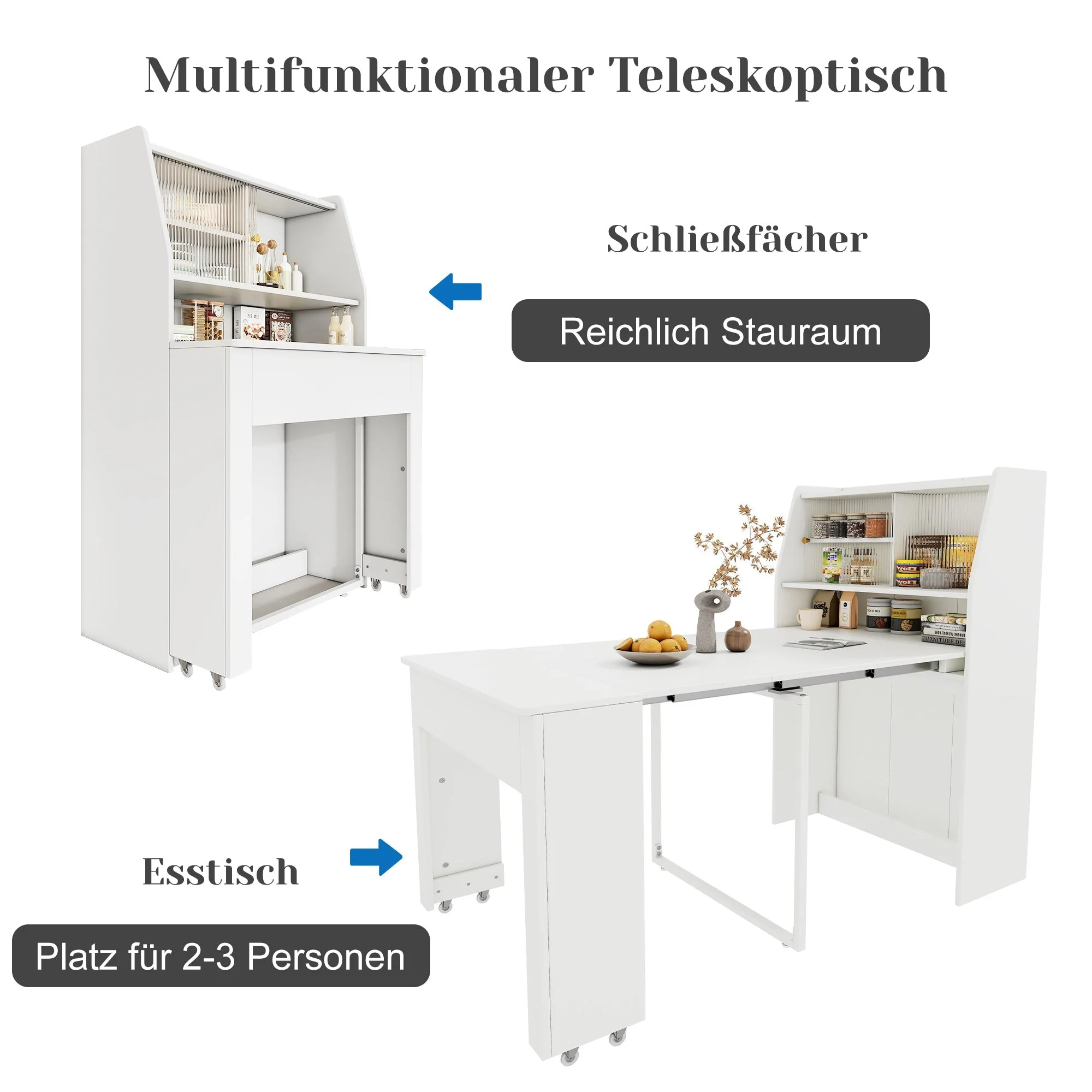 Extendable Dining Table Multifunctional Storage Cabinet Rectangular White - Image 7