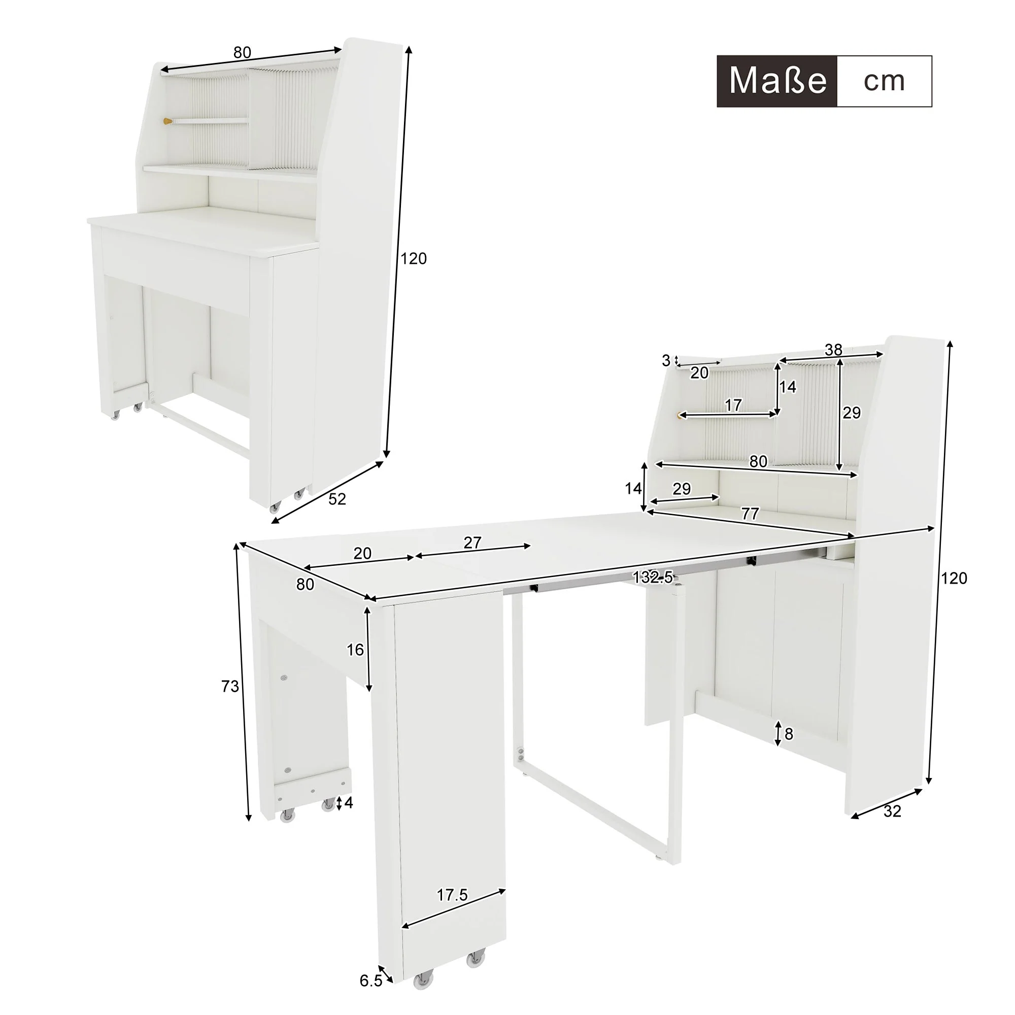 Extendable Dining Table Multifunctional Storage Cabinet Rectangular White - Image 8