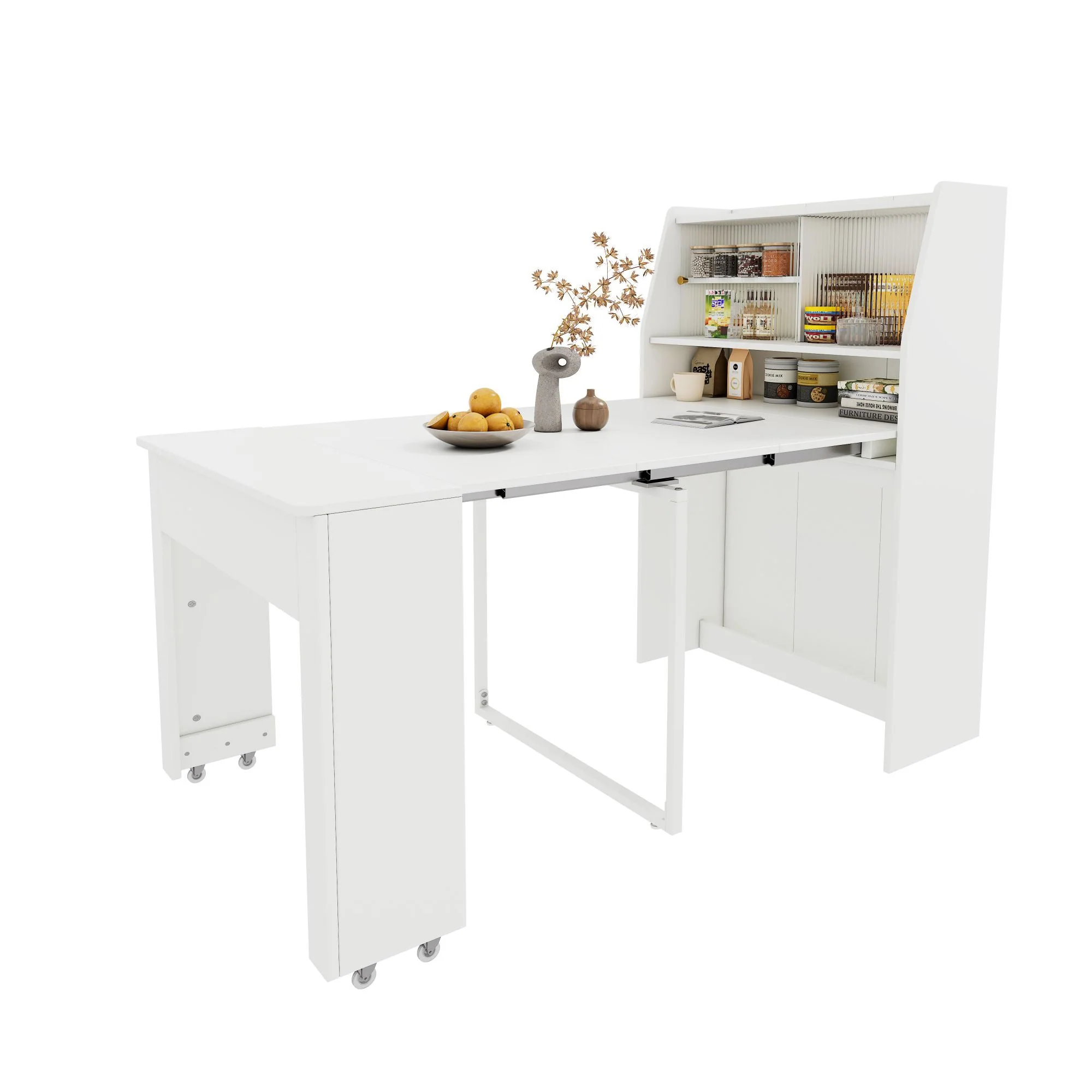 Extendable Dining Table Multifunctional Storage Cabinet Rectangular White - Image 9