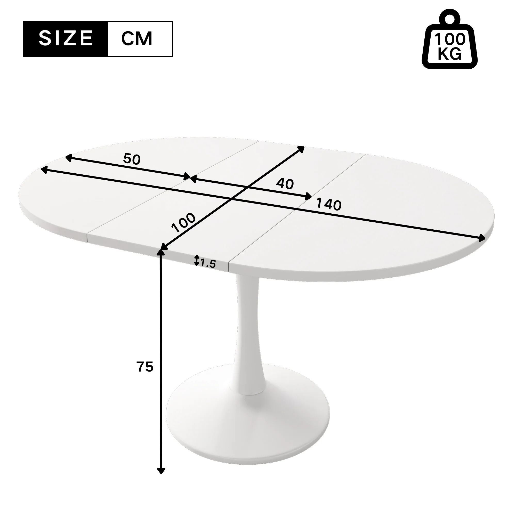 Extendable Dining Table Oval 100/140x100cm Modern Simple - White - Image 7