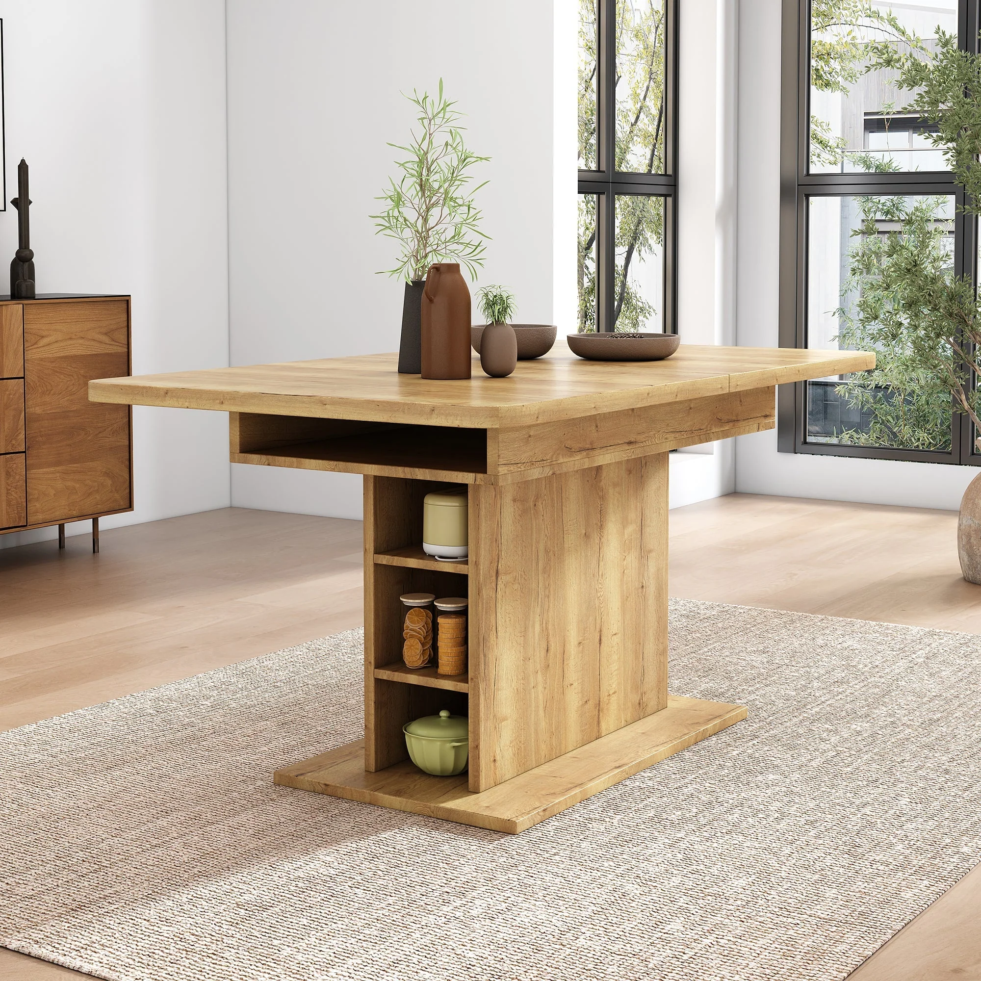 Extendable Dining Table Rectangular L110/130xW70xH75 with Storage Space-Saving Iron Frame - Natural - Image 2