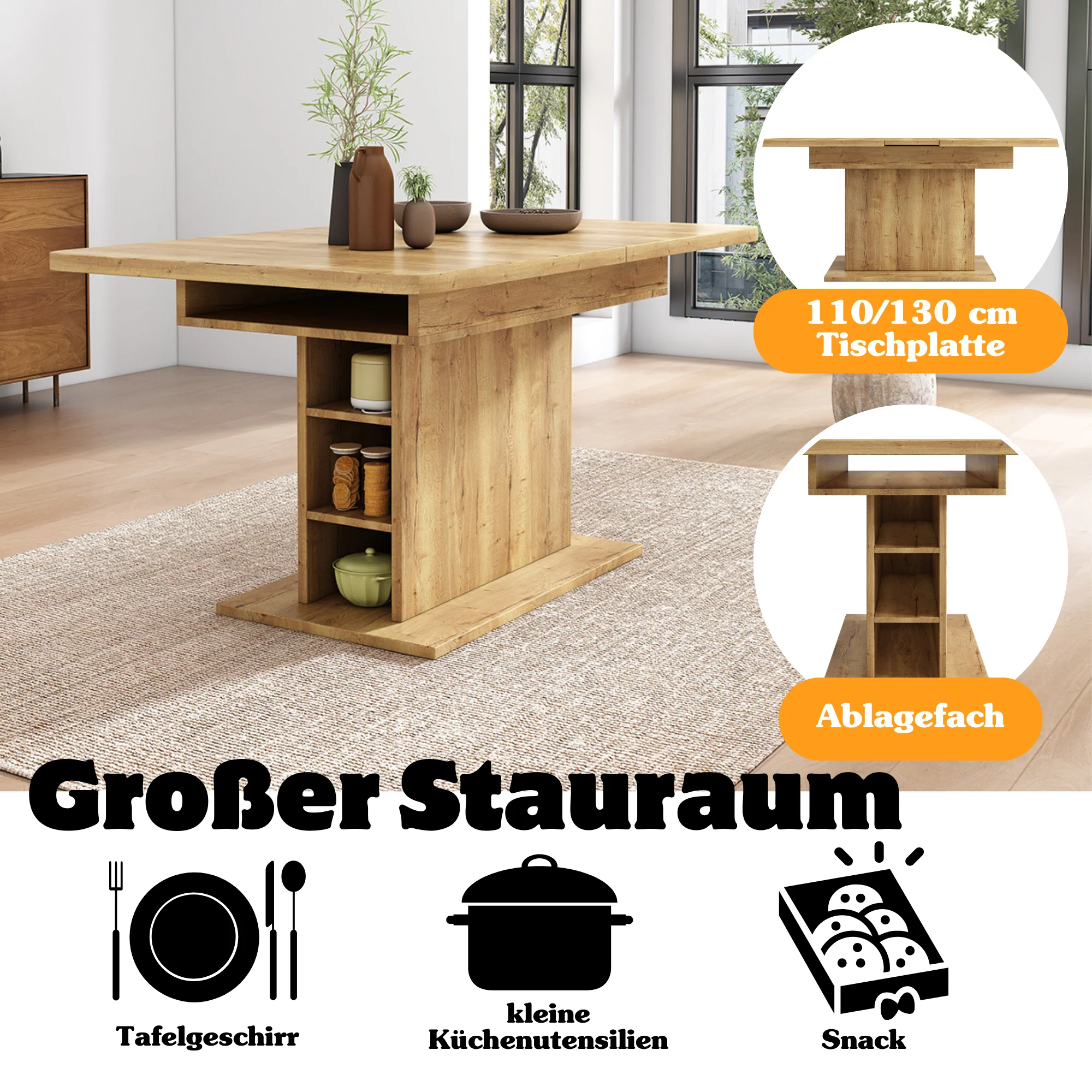 Extendable Dining Table Rectangular L110/130xW70xH75 with Storage Space-Saving Iron Frame - Natural - Image 4