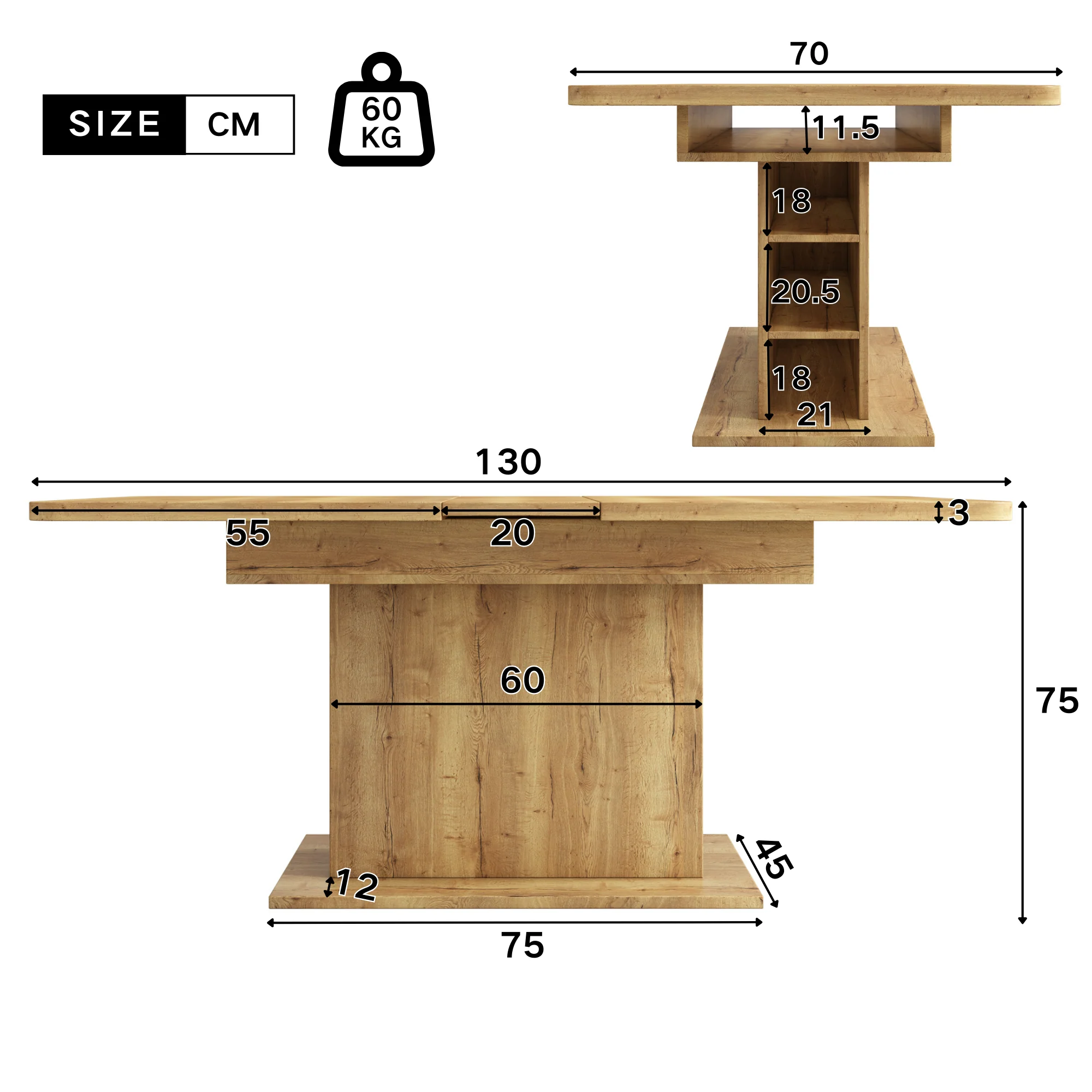 Extendable Dining Table Rectangular L110/130xW70xH75 with Storage Space-Saving Iron Frame - Natural - Image 5