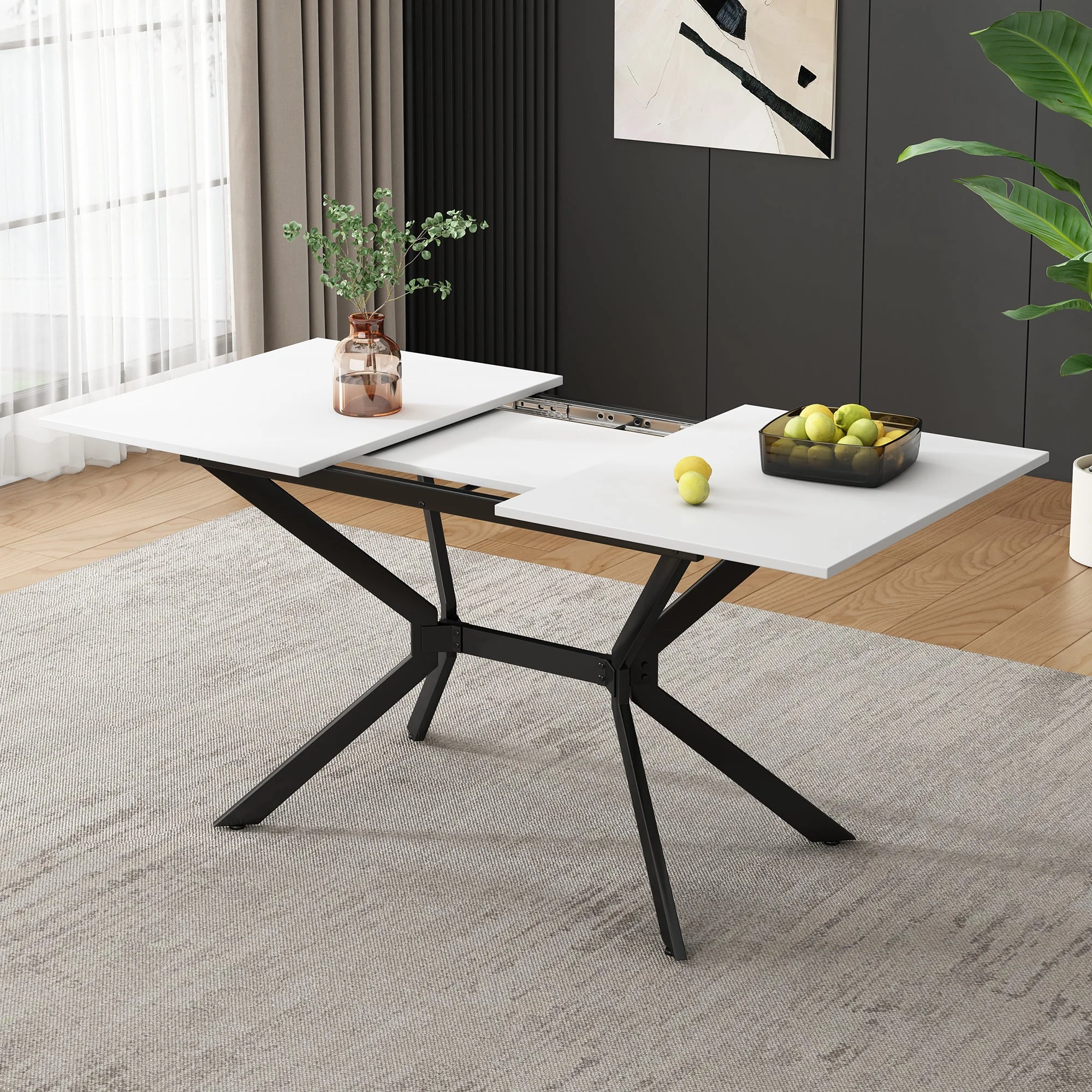 Extendable Dining Table, Rectangular Seating for 4-6 People, White and Black Metal