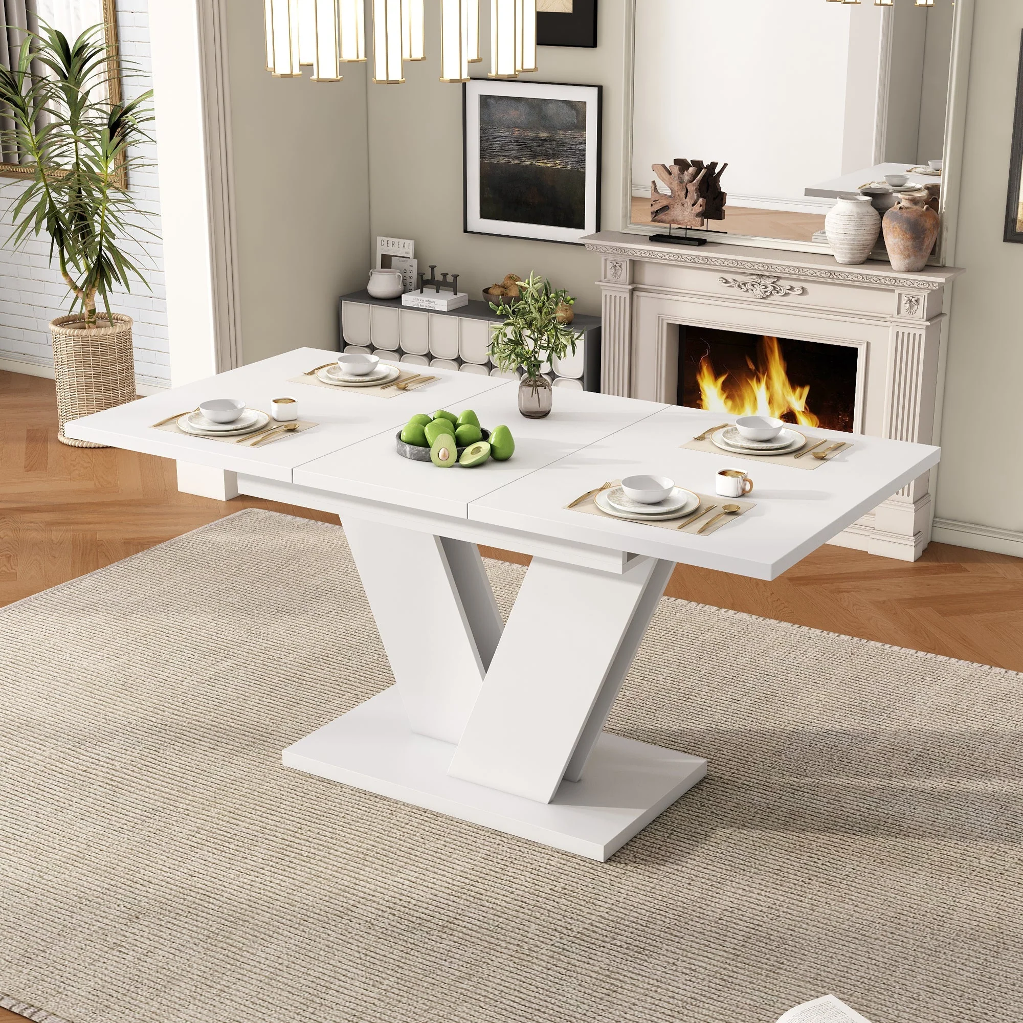 Extendable Dining Table, Rectangular V-Leg for 4-6 People, White