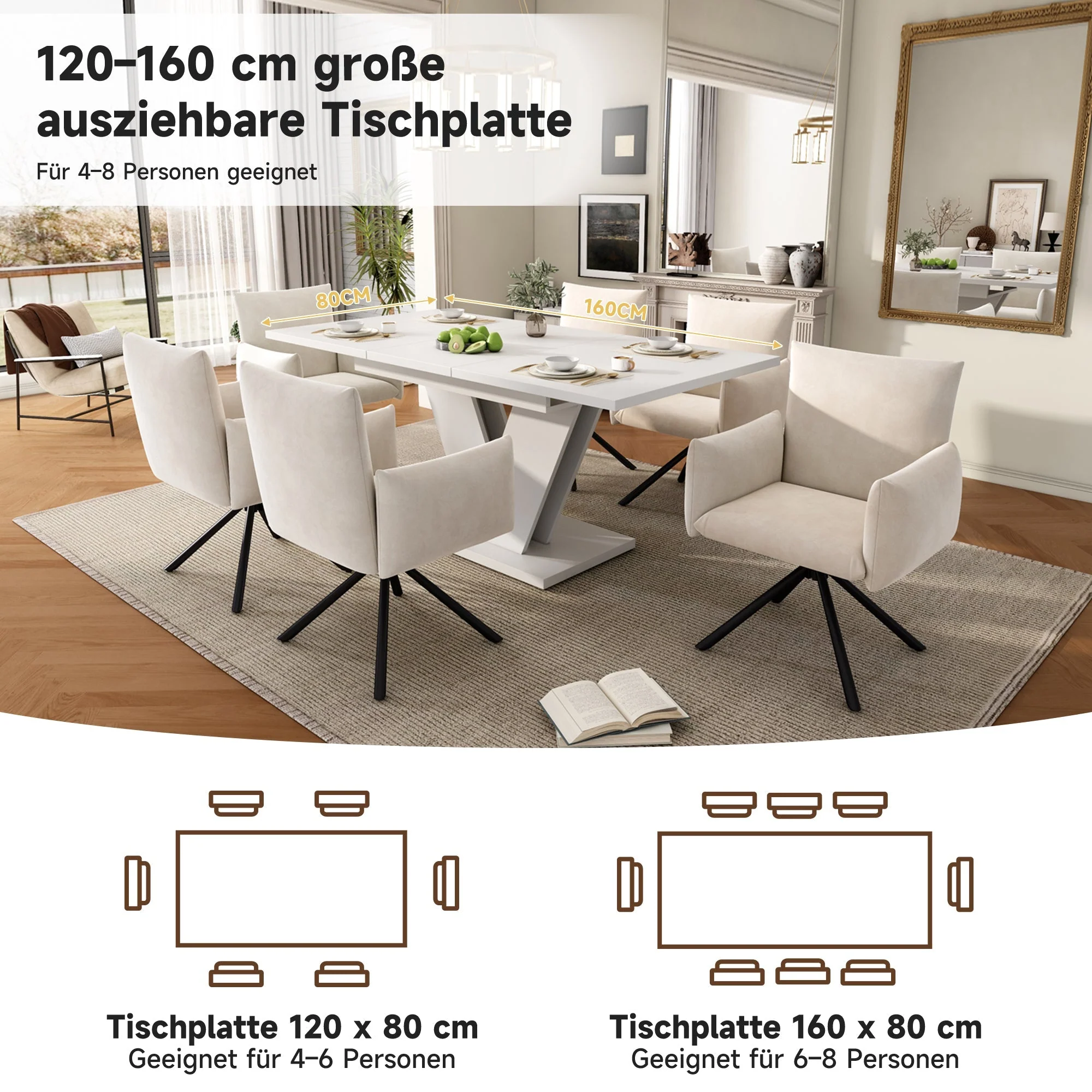 Extendable Dining Table, Rectangular V-Leg for 4-6 People, White - Image 5