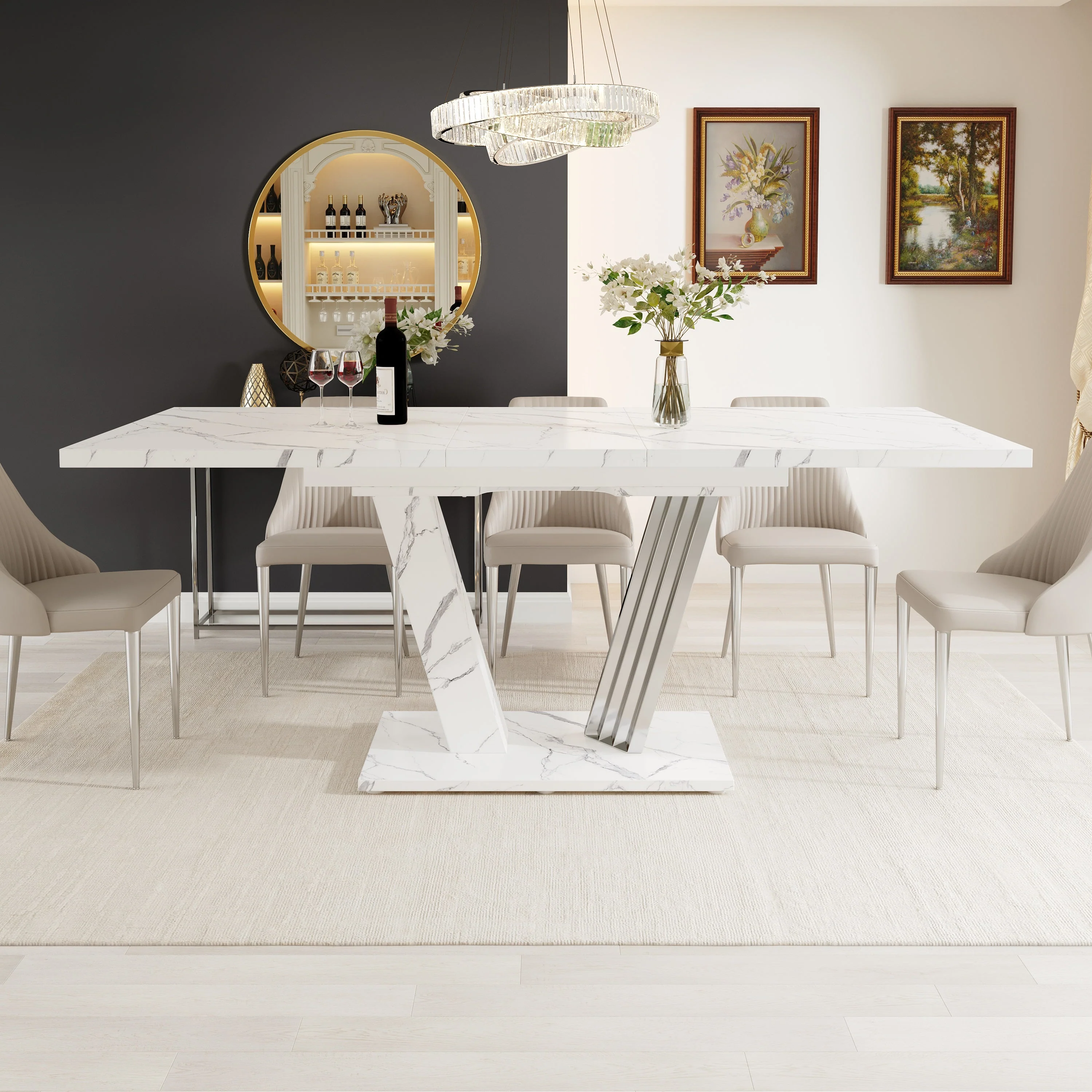 Extendable Dining Table with Butterfly Frame and Leaf, Marble Top and Metal - Image 2