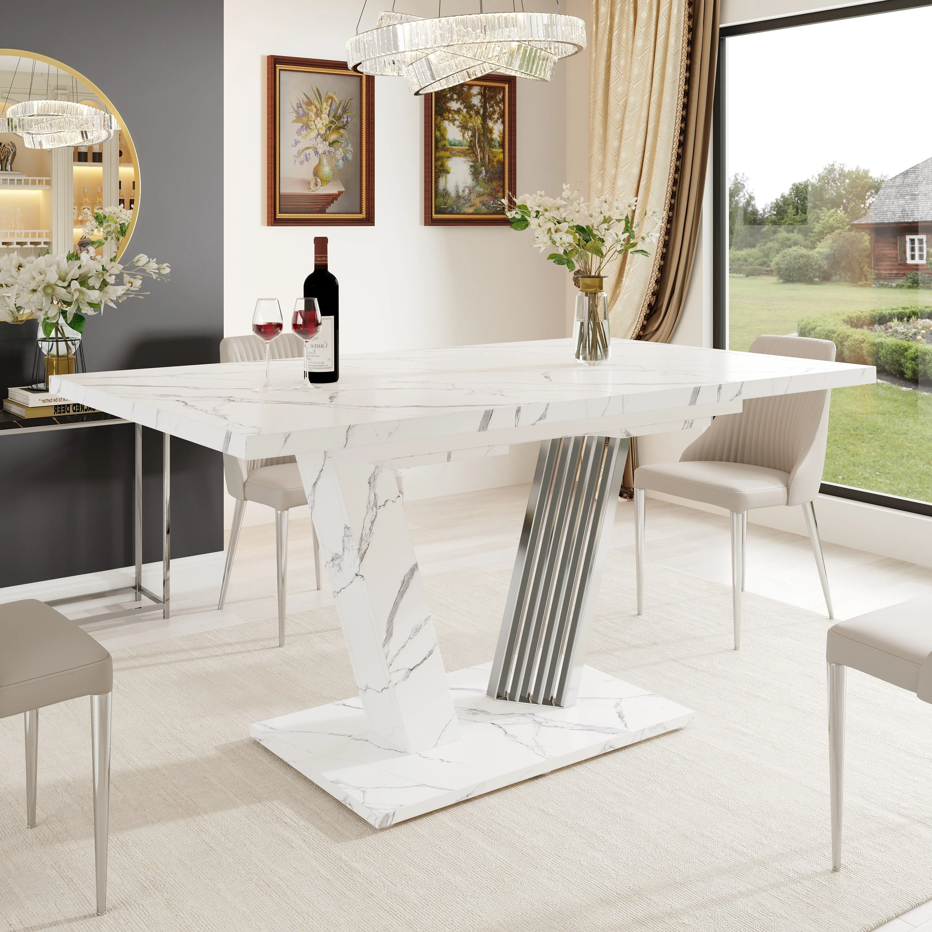 Extendable Dining Table with Butterfly Frame and Leaf, Marble Top and Metal - Image 3
