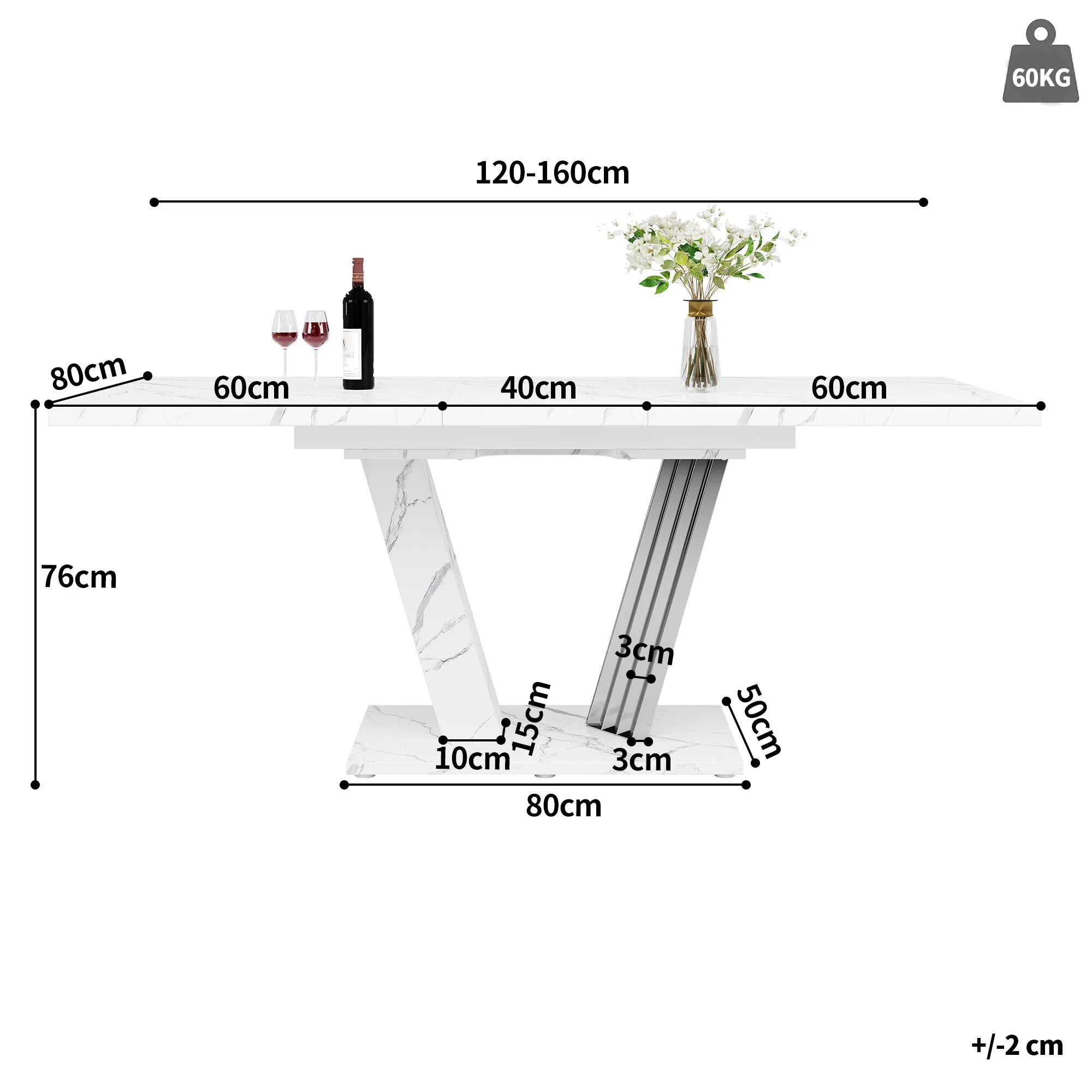 Extendable Dining Table with Butterfly Frame and Leaf, Marble Top and Metal - Image 6