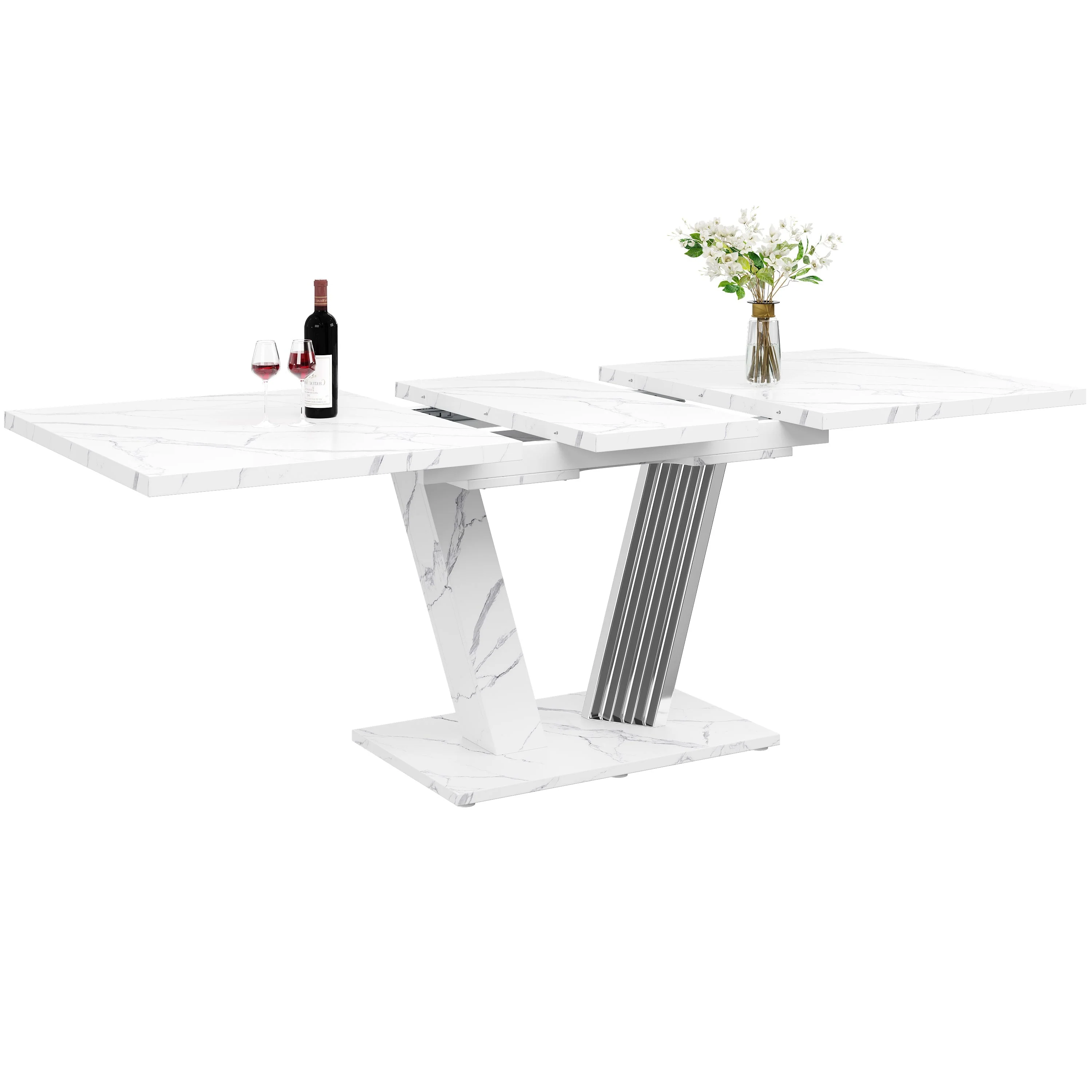 Extendable Dining Table with Butterfly Frame and Leaf, Marble Top and Metal - Image 9