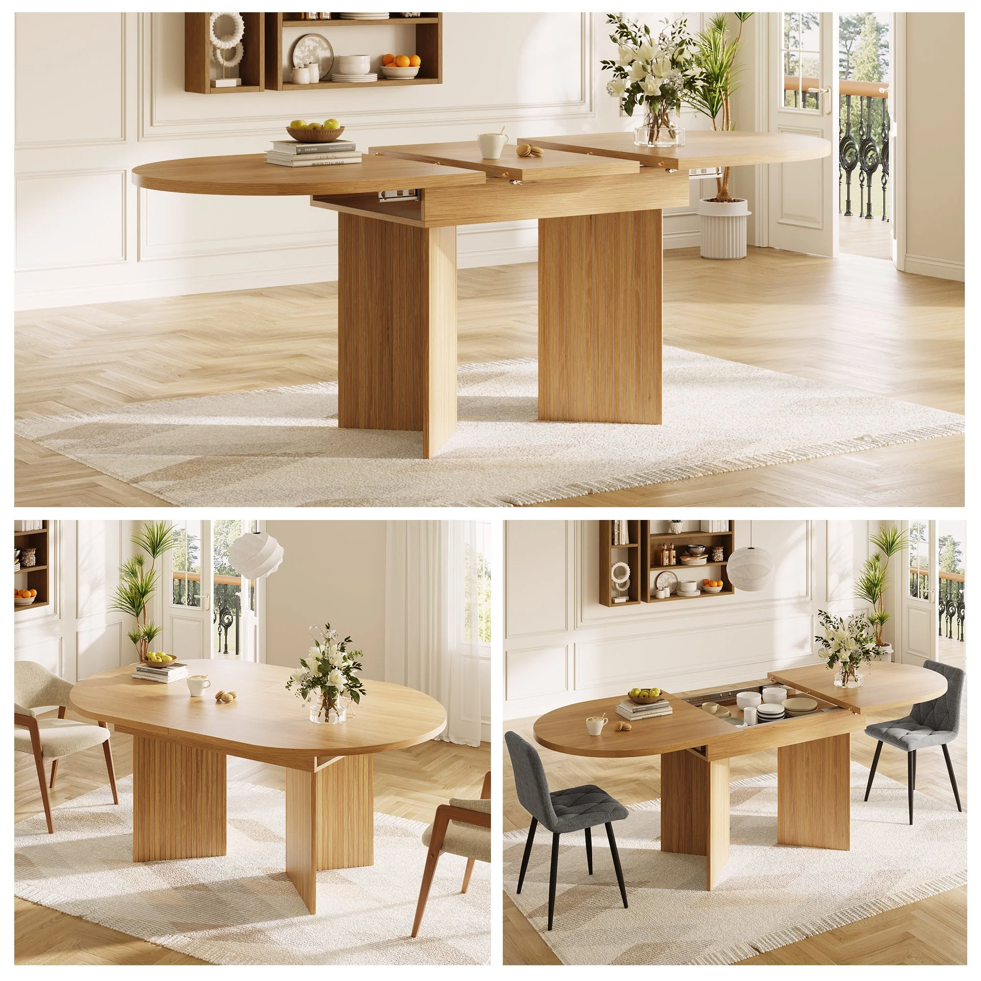 Extendable Dining Table with Internal Extension Leaves, 120-160 x 80 cm, Natural Wood - Image 2