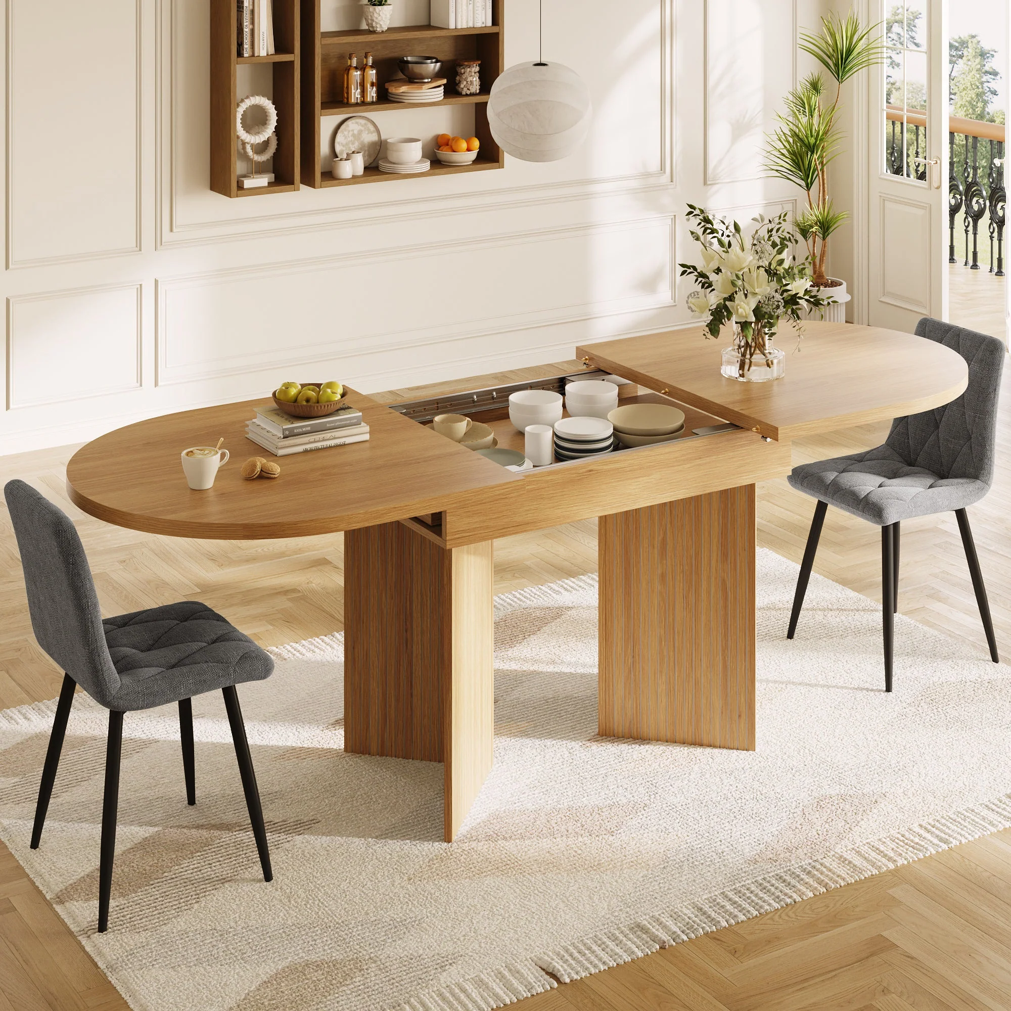Extendable Dining Table with Internal Extension Leaves, 120-160 x 80 cm, Natural Wood - Image 7