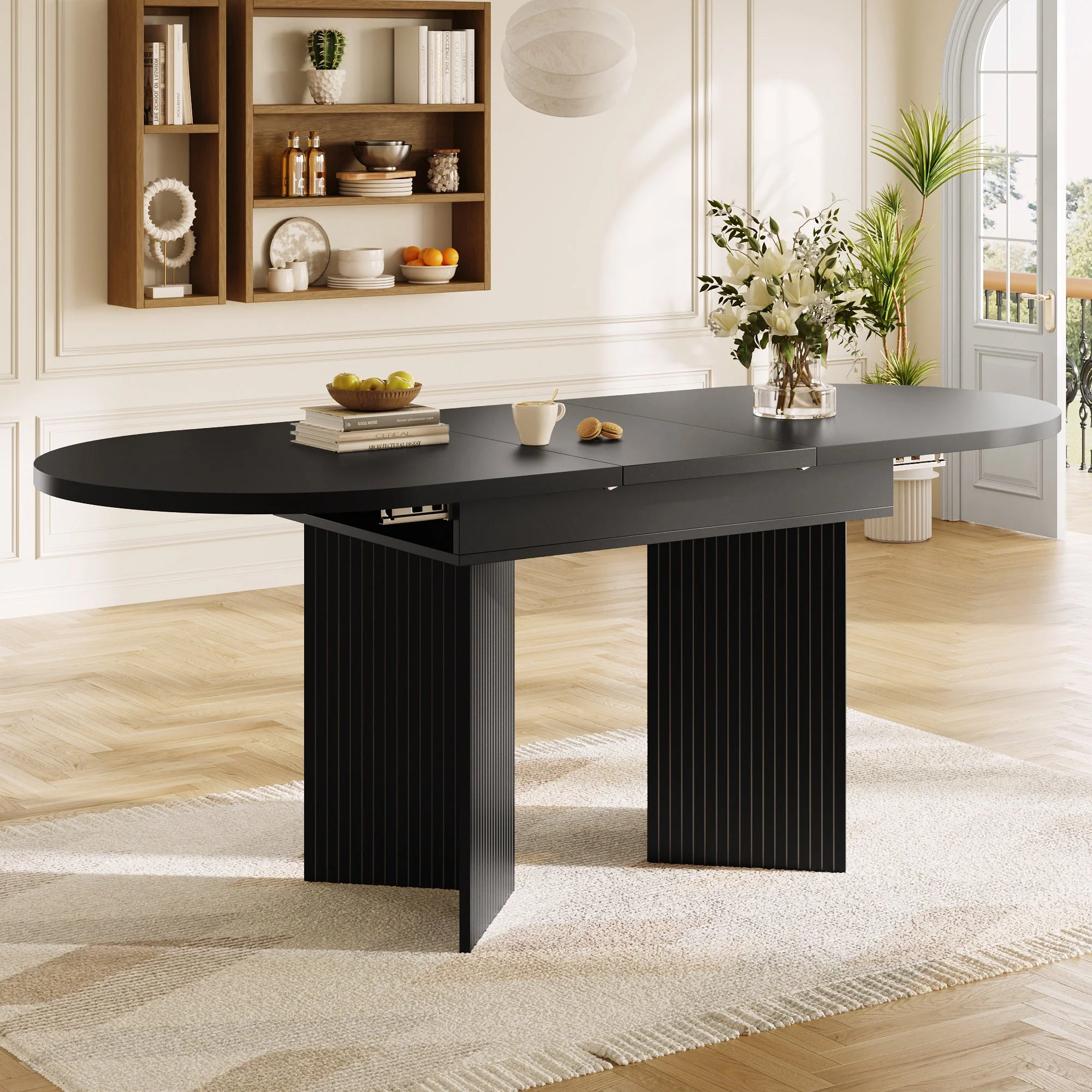 Extendable Dining Table with Internal Extension Leaves, 120-160cm, Black - Image 4