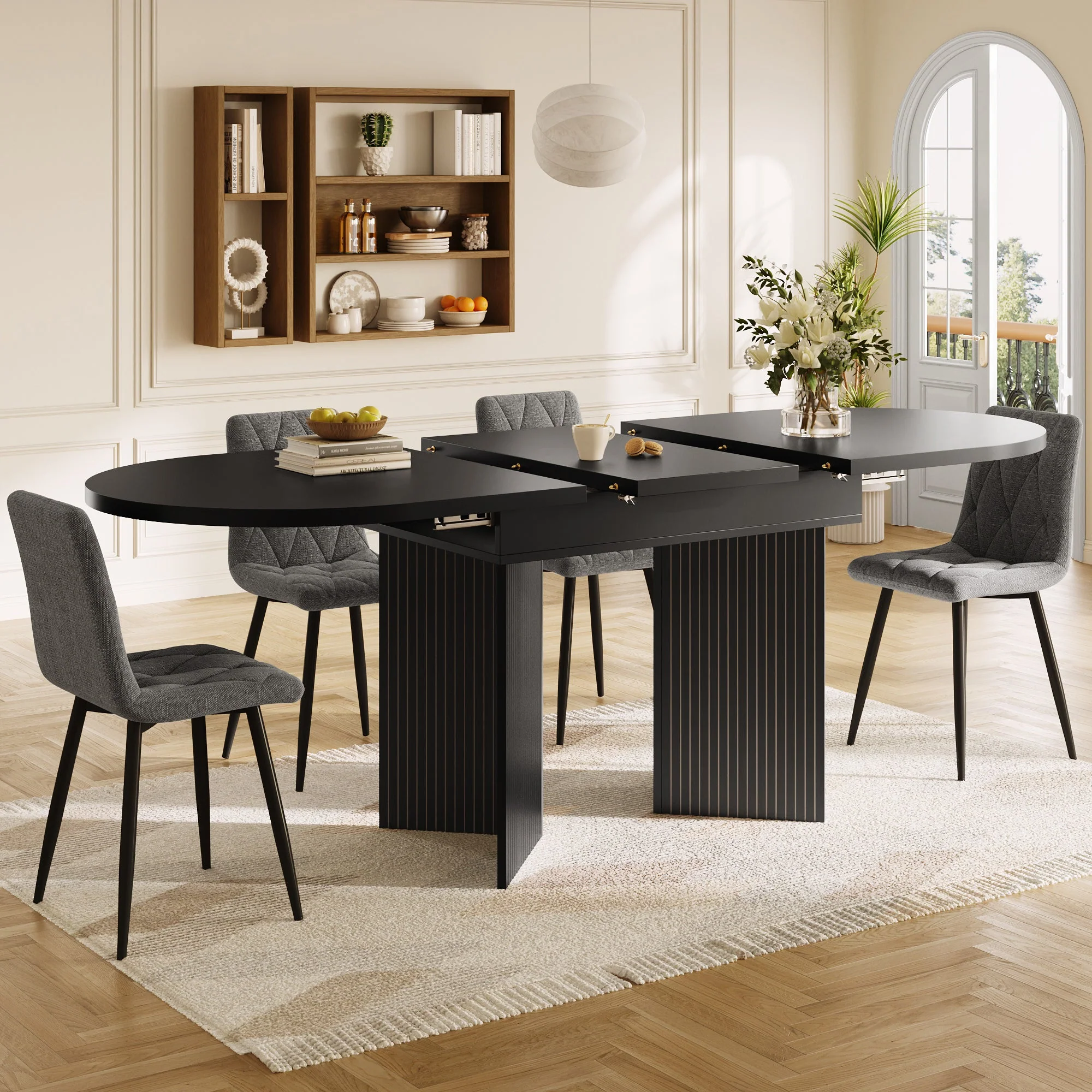 Extendable Dining Table with Internal Extension Leaves, 120-160cm, Black - Image 7