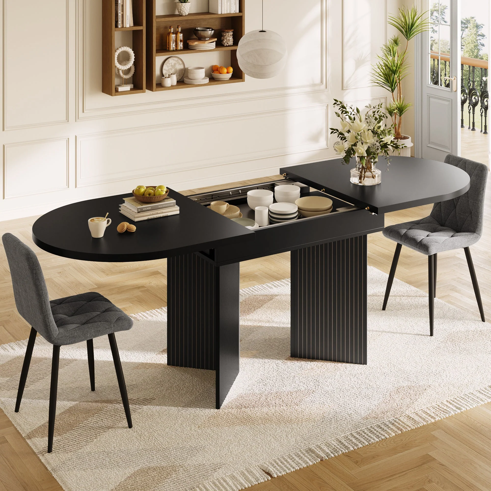 Extendable Dining Table with Internal Extension Leaves, 120-160cm, Black - Image 8