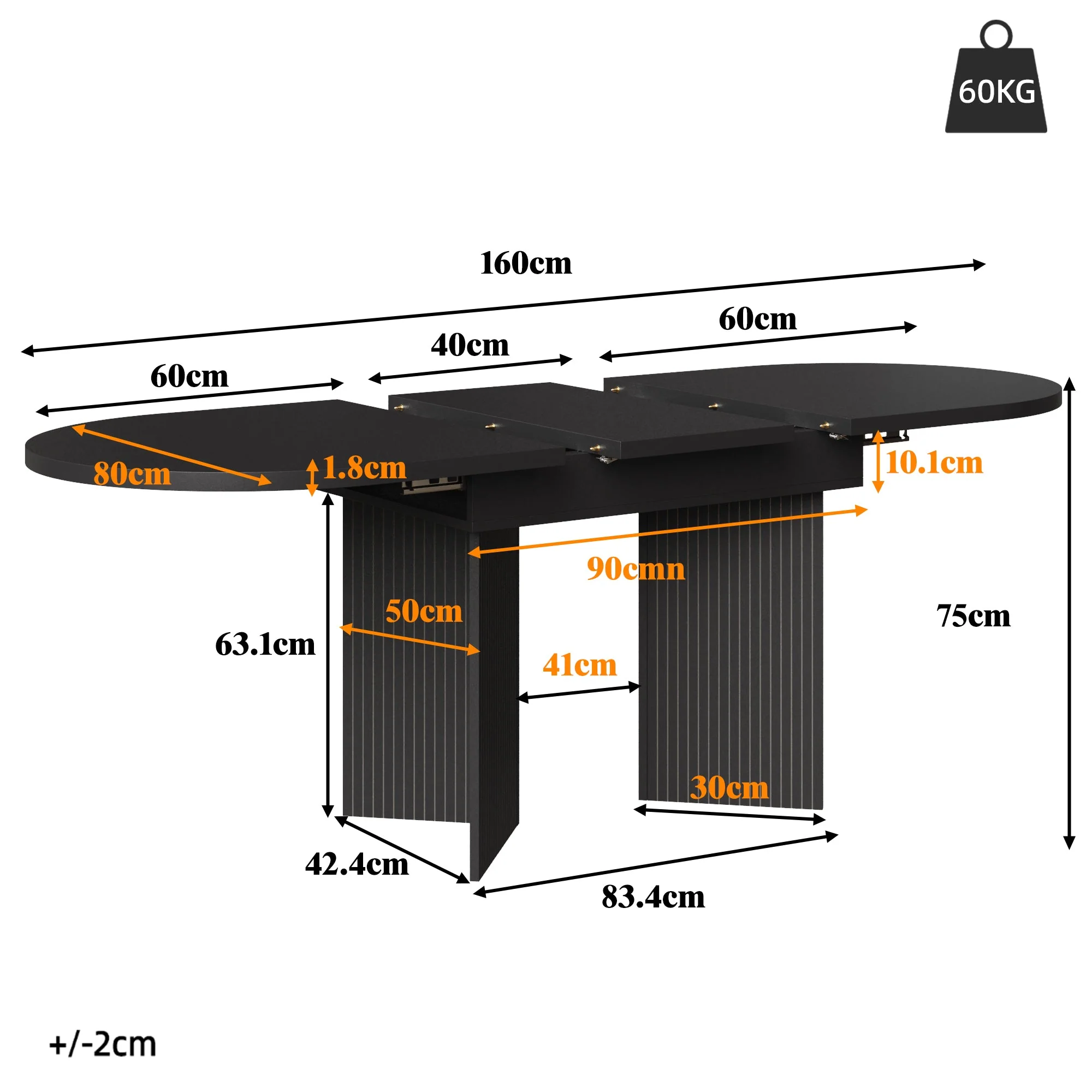 Extendable Dining Table with Internal Extension Leaves, 120-160cm, Black - Image 9