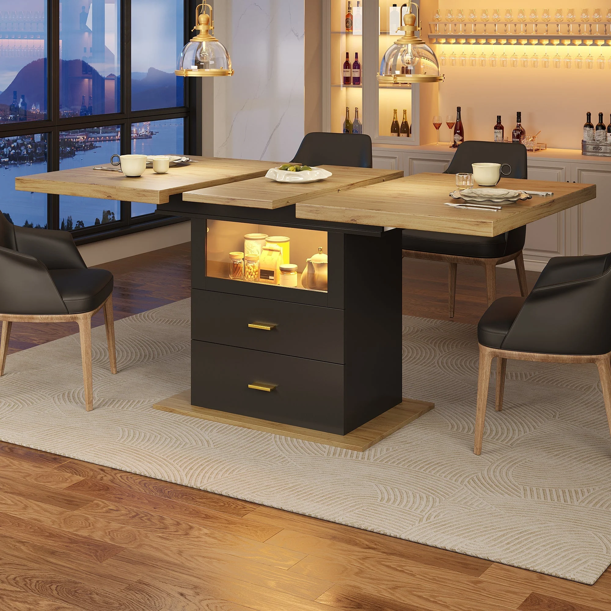 Extendable Dining Table with LED Lighting and Seating for 6 People, Wood Finish - Image 4