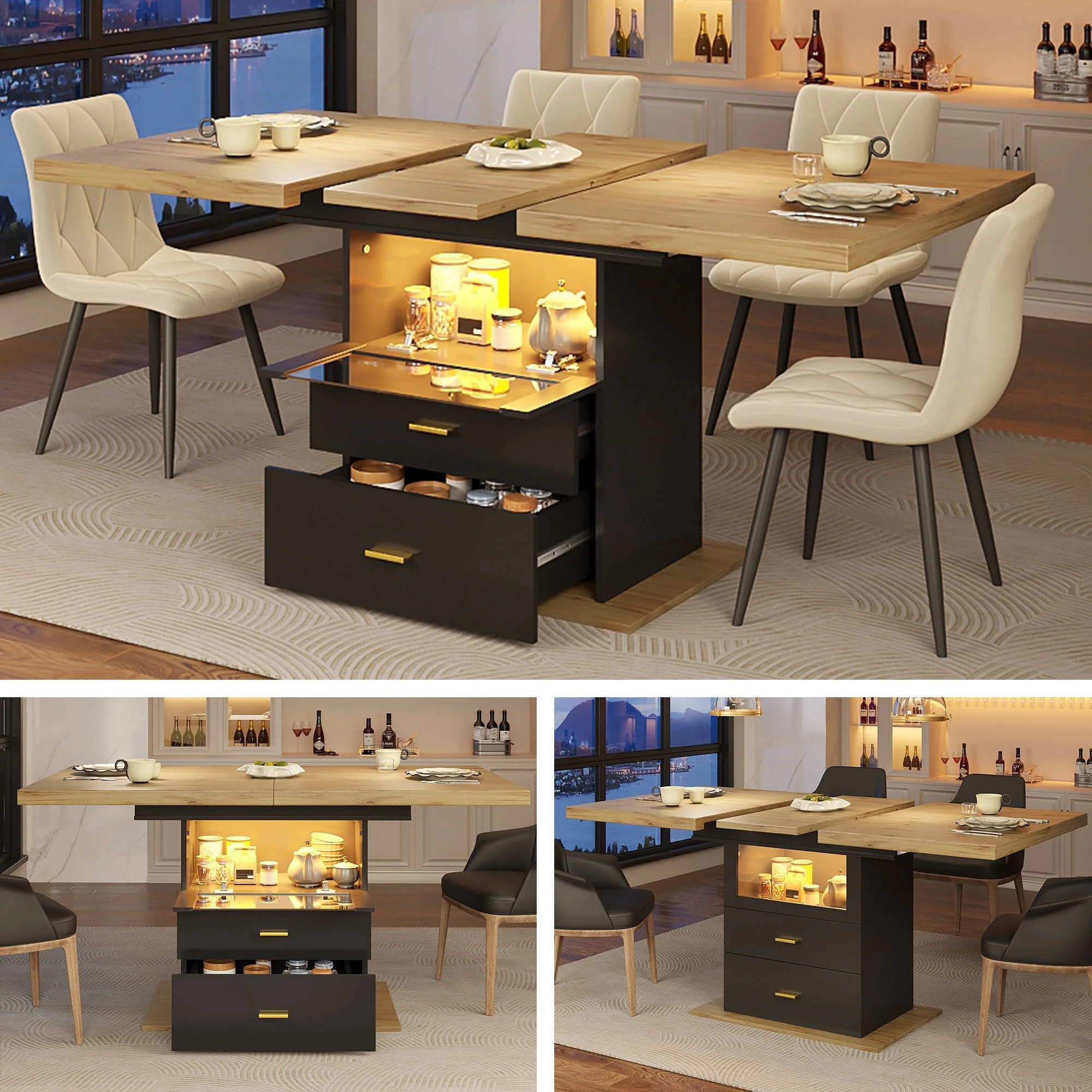 Extendable Dining Table with LED Lighting and Seating for 6 People, Wood Finish - Image 6