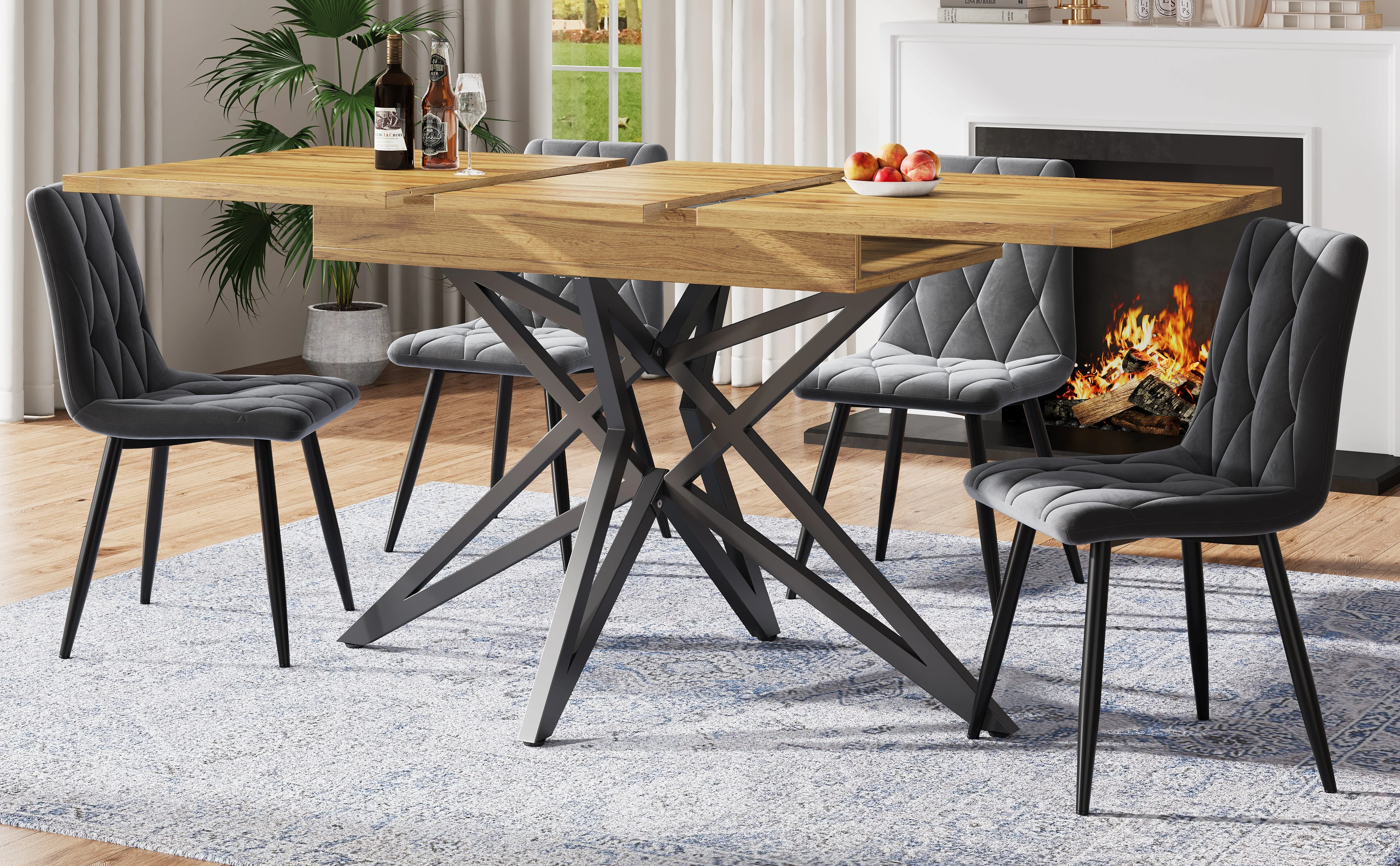 Extendable Dining Table with Star-Shaped Legs, Walnut and Marble Look - Image 2