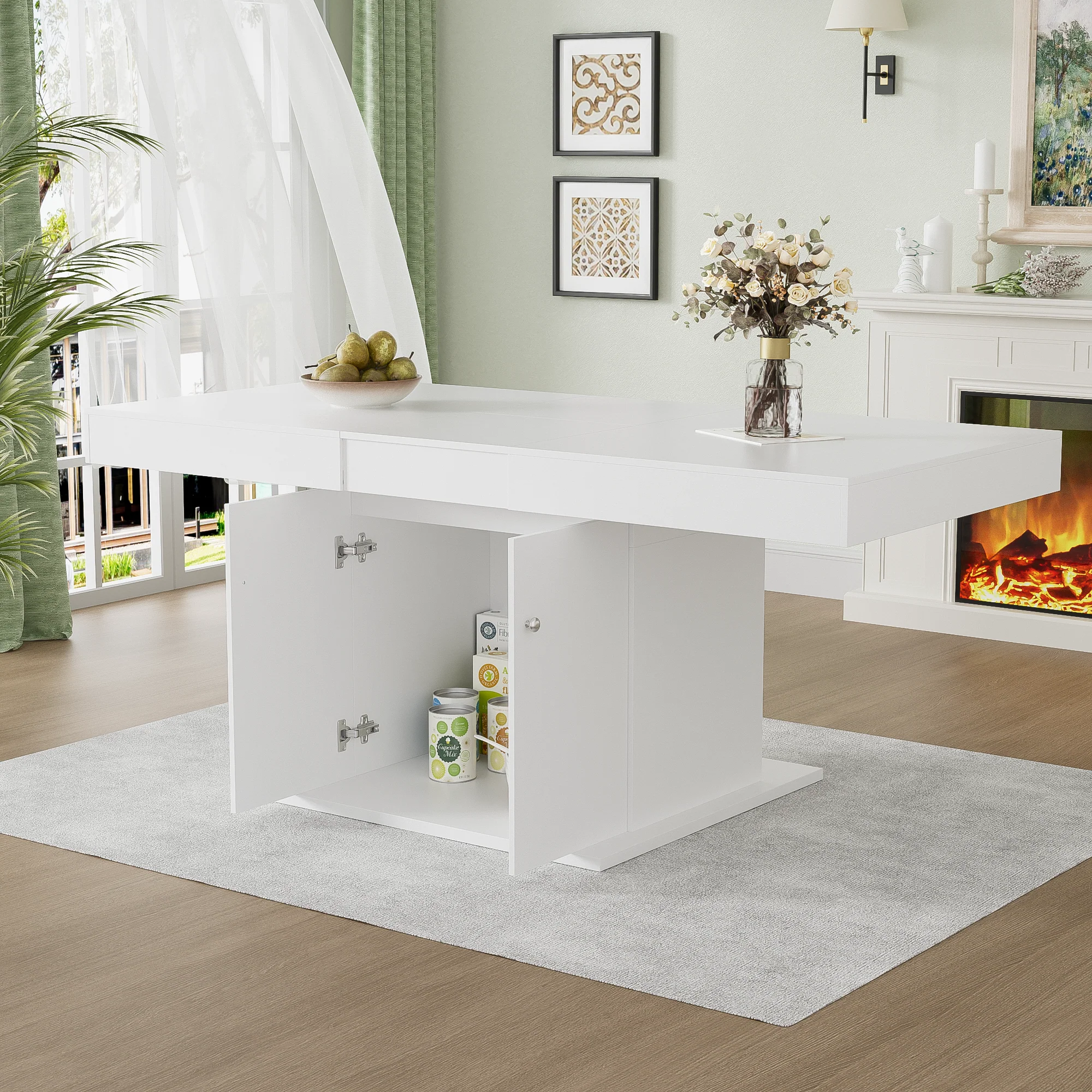 Extendable Dining Table with Storage and Automatic Telescopic Function, White - Image 6