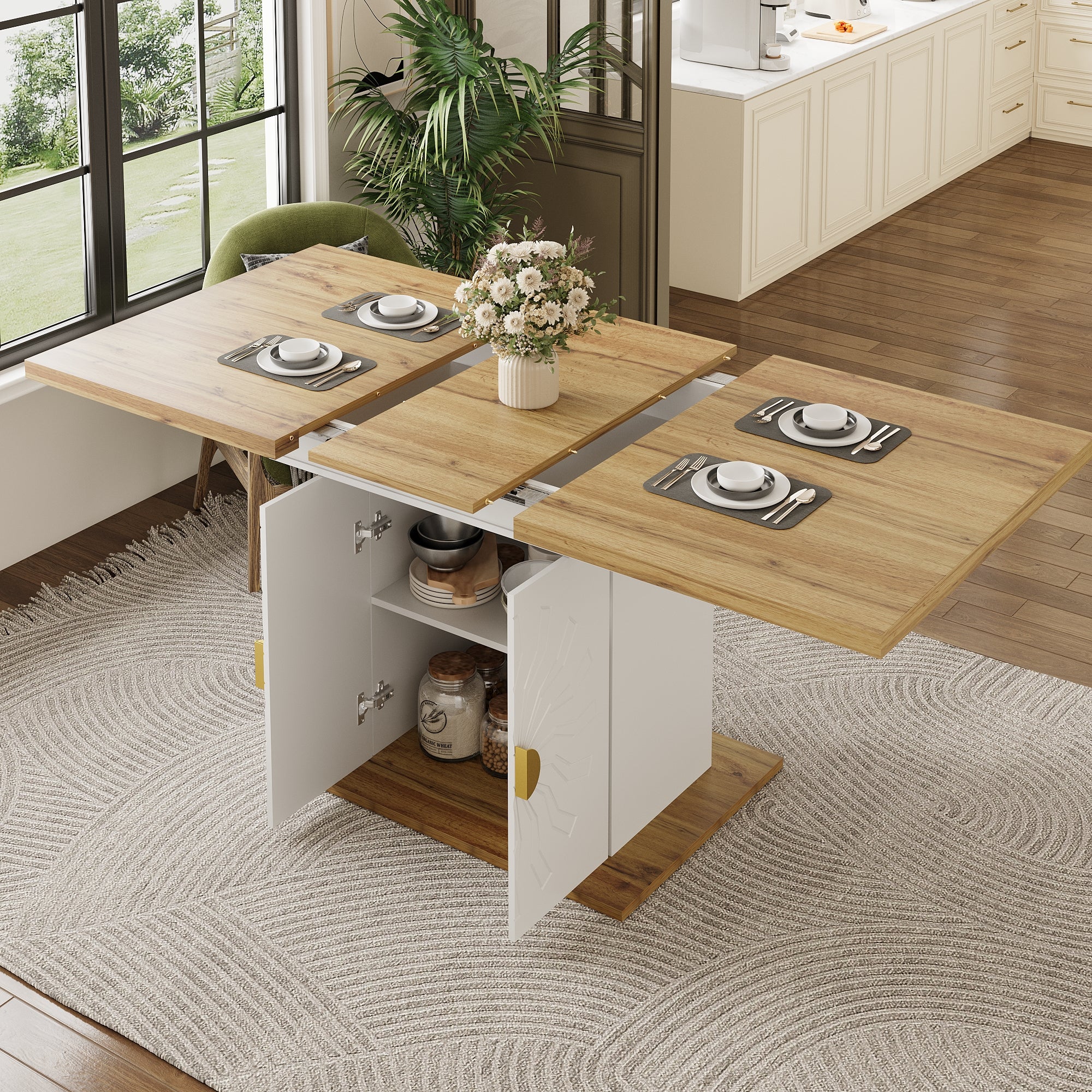 Extendable Dining Table with Storage and Sunburst Relief, Wood Veneer - Image 4