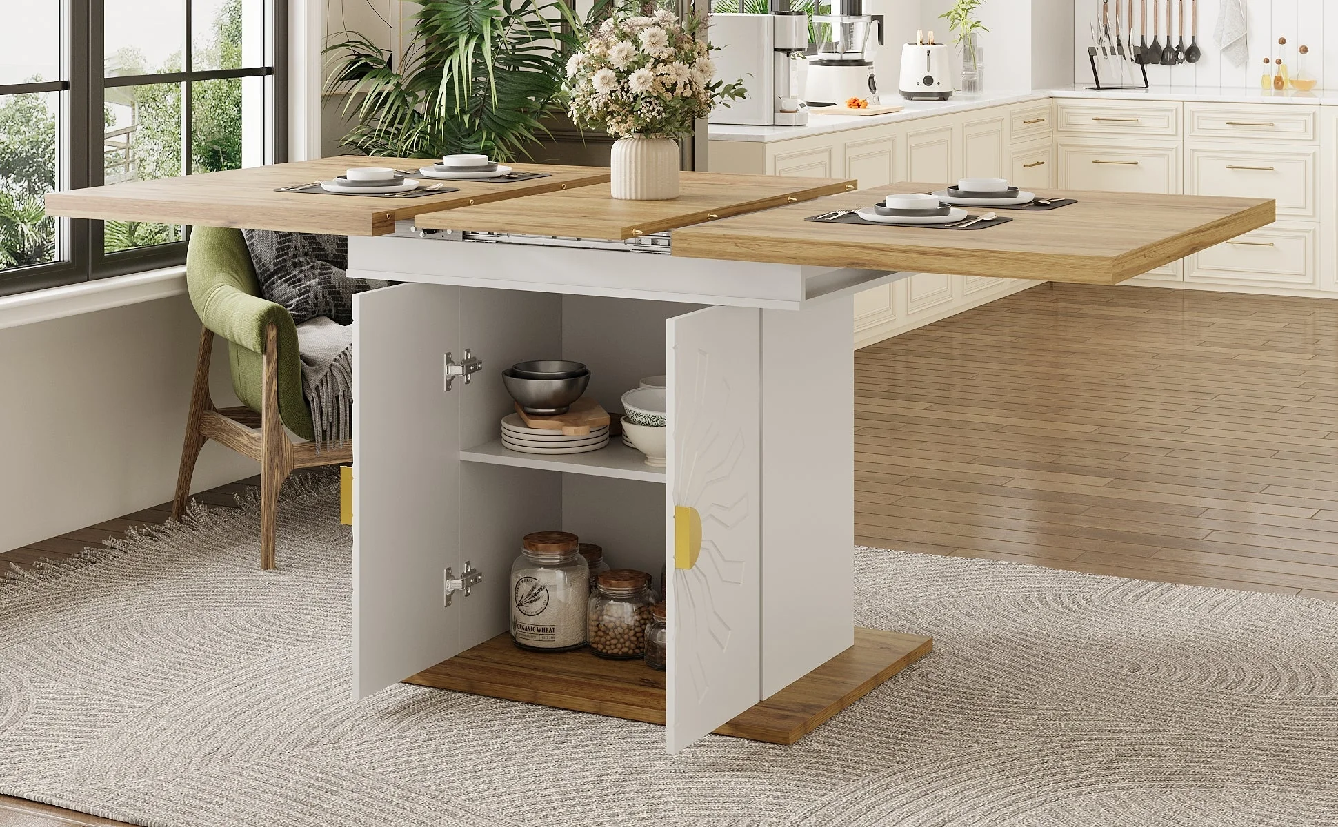 Extendable Dining Table with Storage and Sunburst Relief, Wood Veneer - Image 8