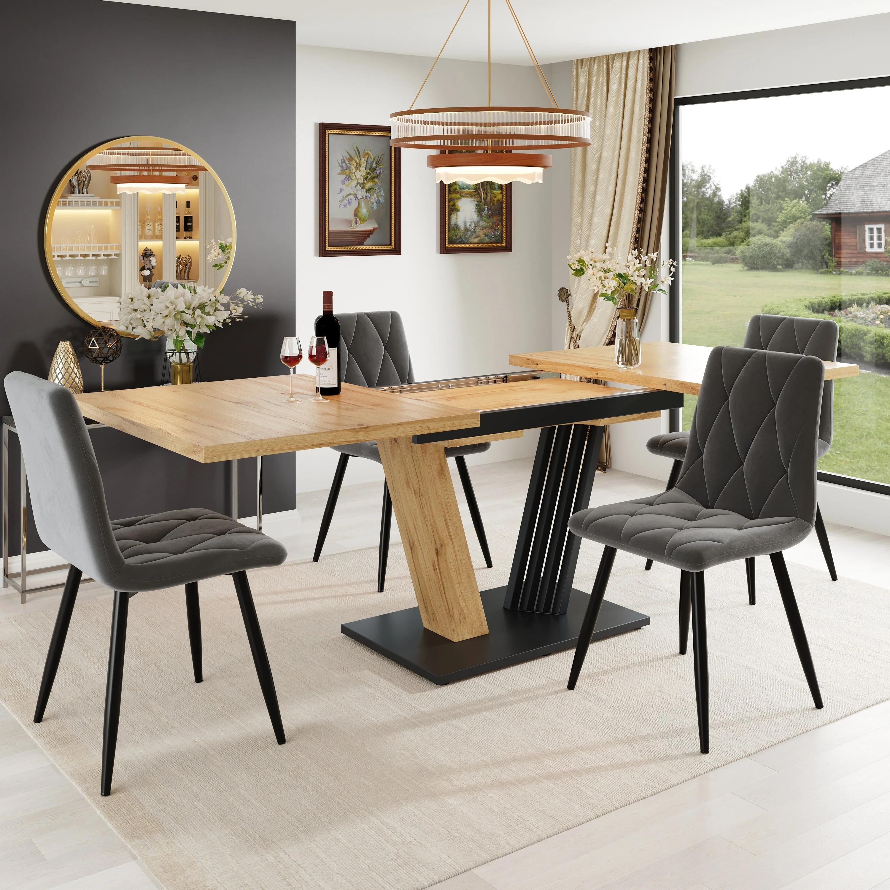 Extendable Dining Table with Wing-Shaped Legs, 120-160 cm, Wood Look