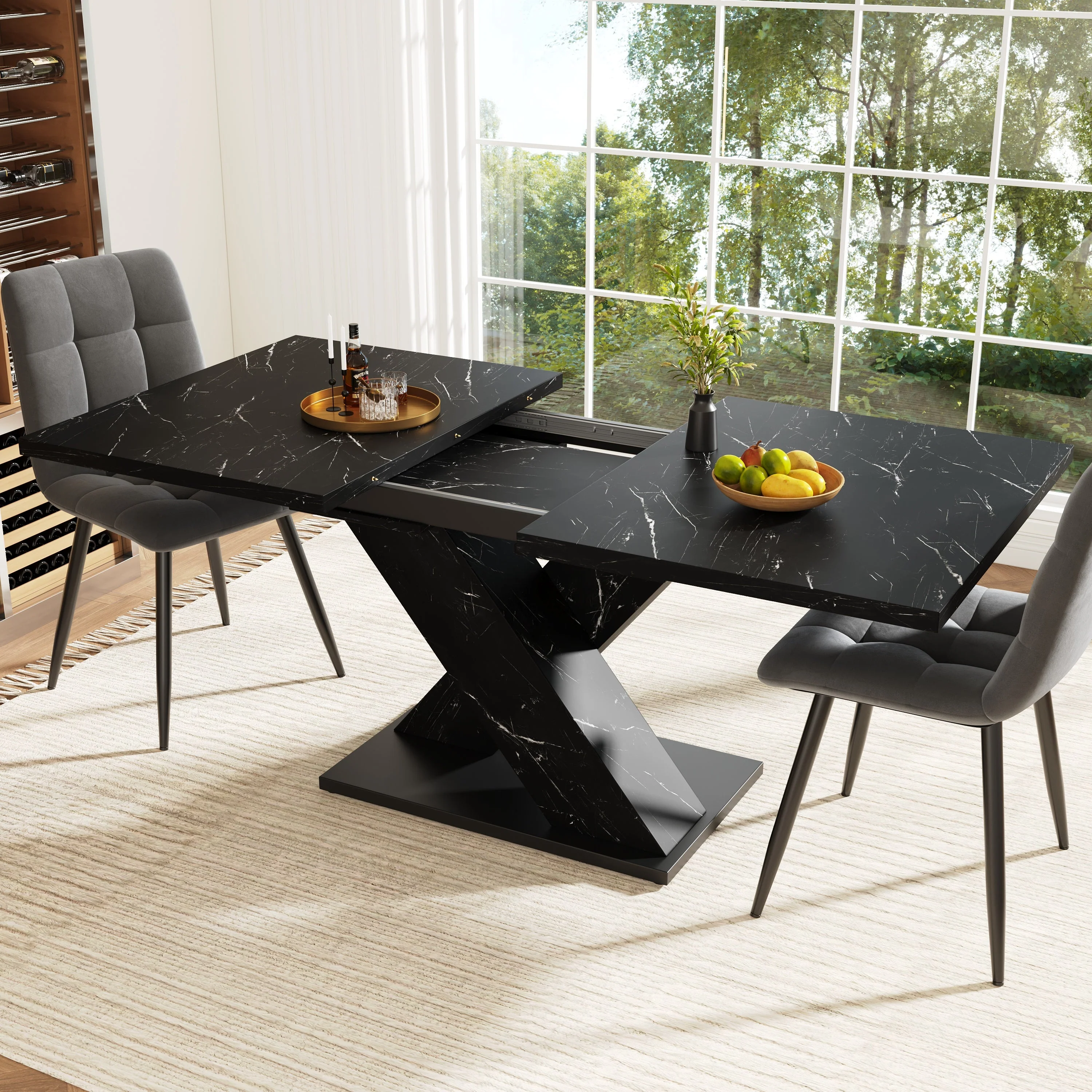 Extendable Dining Table with X-Design for 4-6 People, Black Marble Look - Image 4