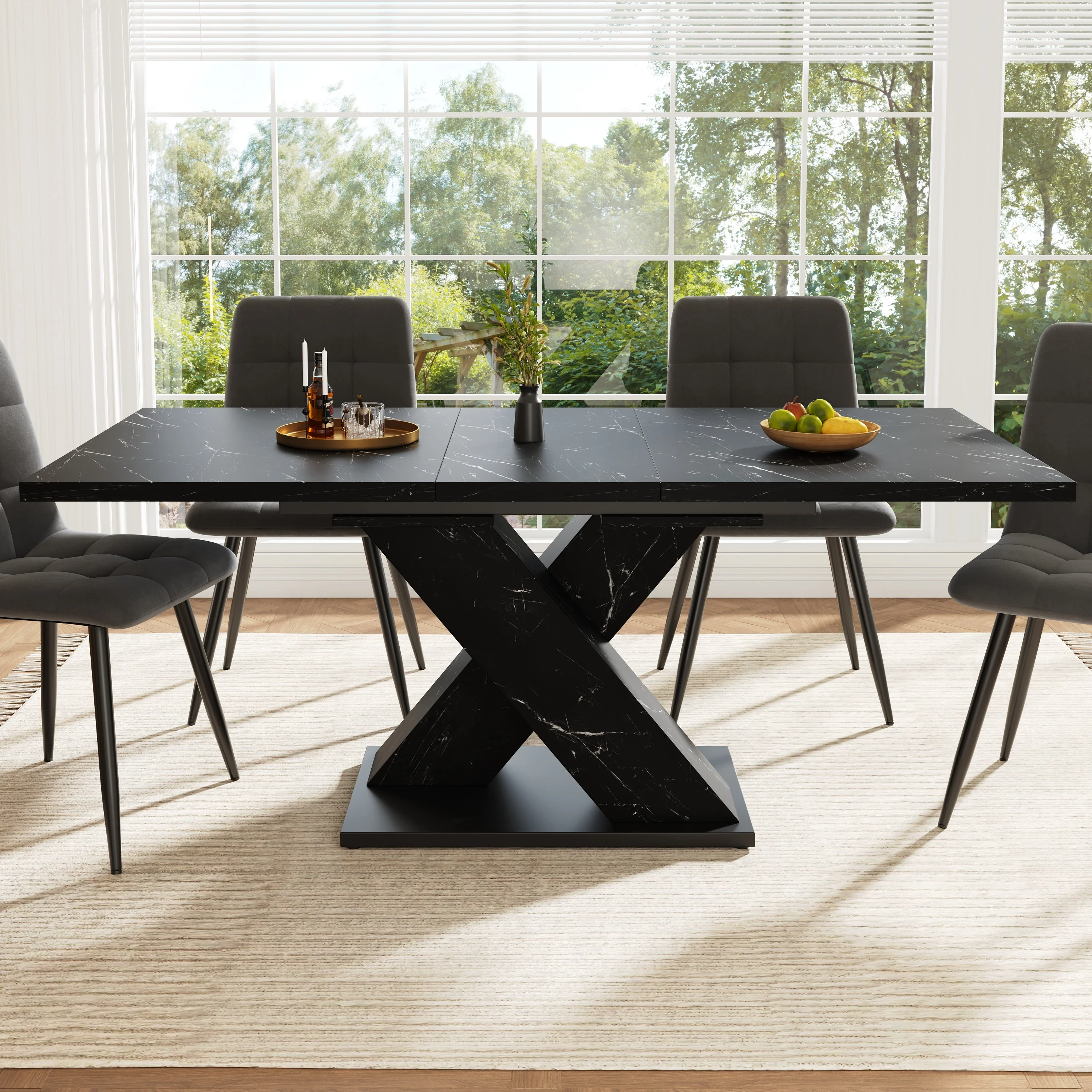 Extendable Dining Table with X-Design for 4-6 People, Black Marble Look - Image 6