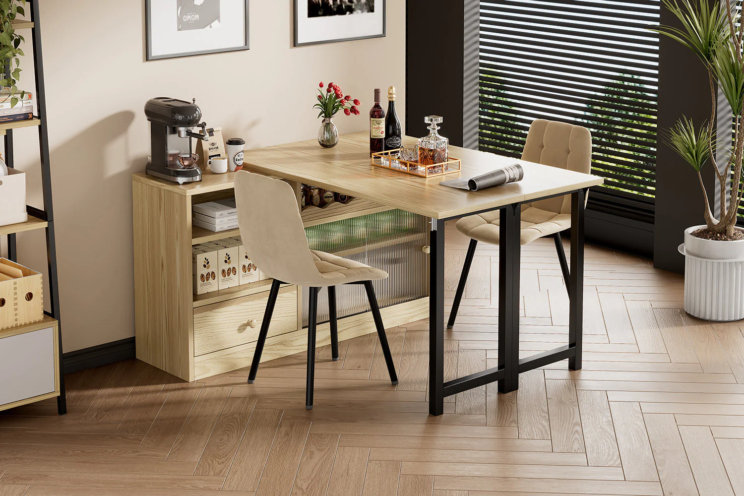 Extendable Folding Dining Table with Storage & 360° Rotation - Natural/Black - Image 3