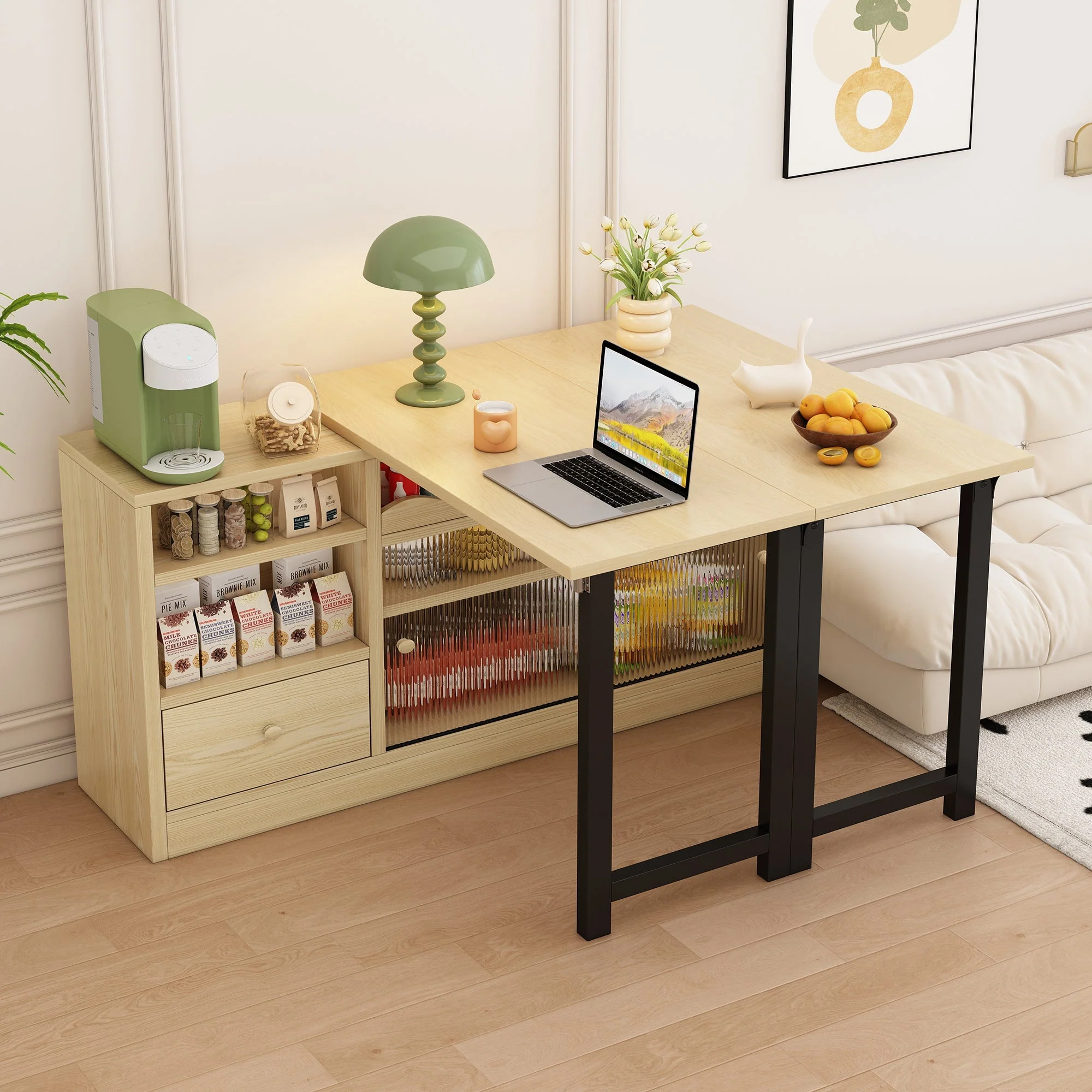 Extendable Folding Dining Table with Storage & 360° Rotation - Natural/Black - Image 7