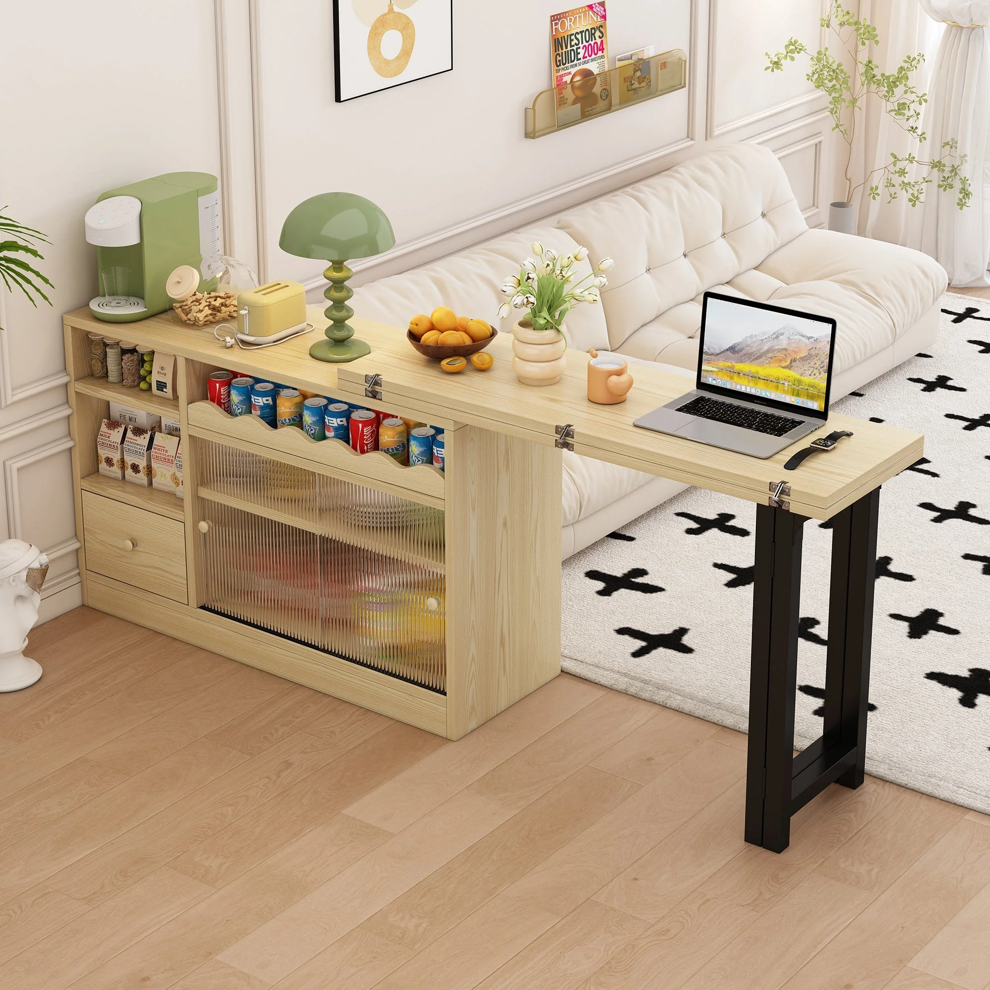 Extendable Folding Dining Table with Storage & 360° Rotation - Natural/Black - Image 9