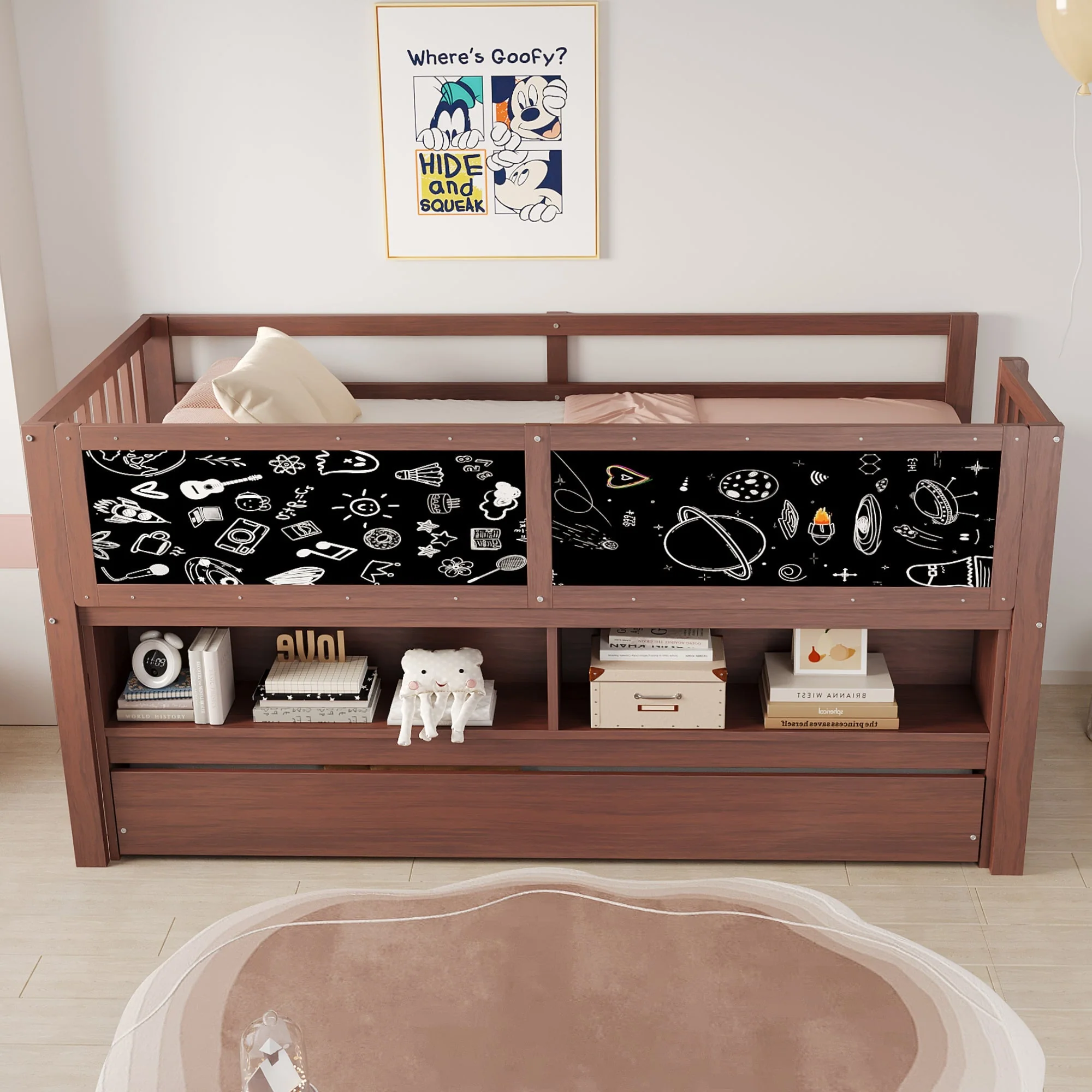 Extendable House Bed 90x200cm with Chalkboard, Storage & Climbing Ladder - Solid Wood Brown - Image 3