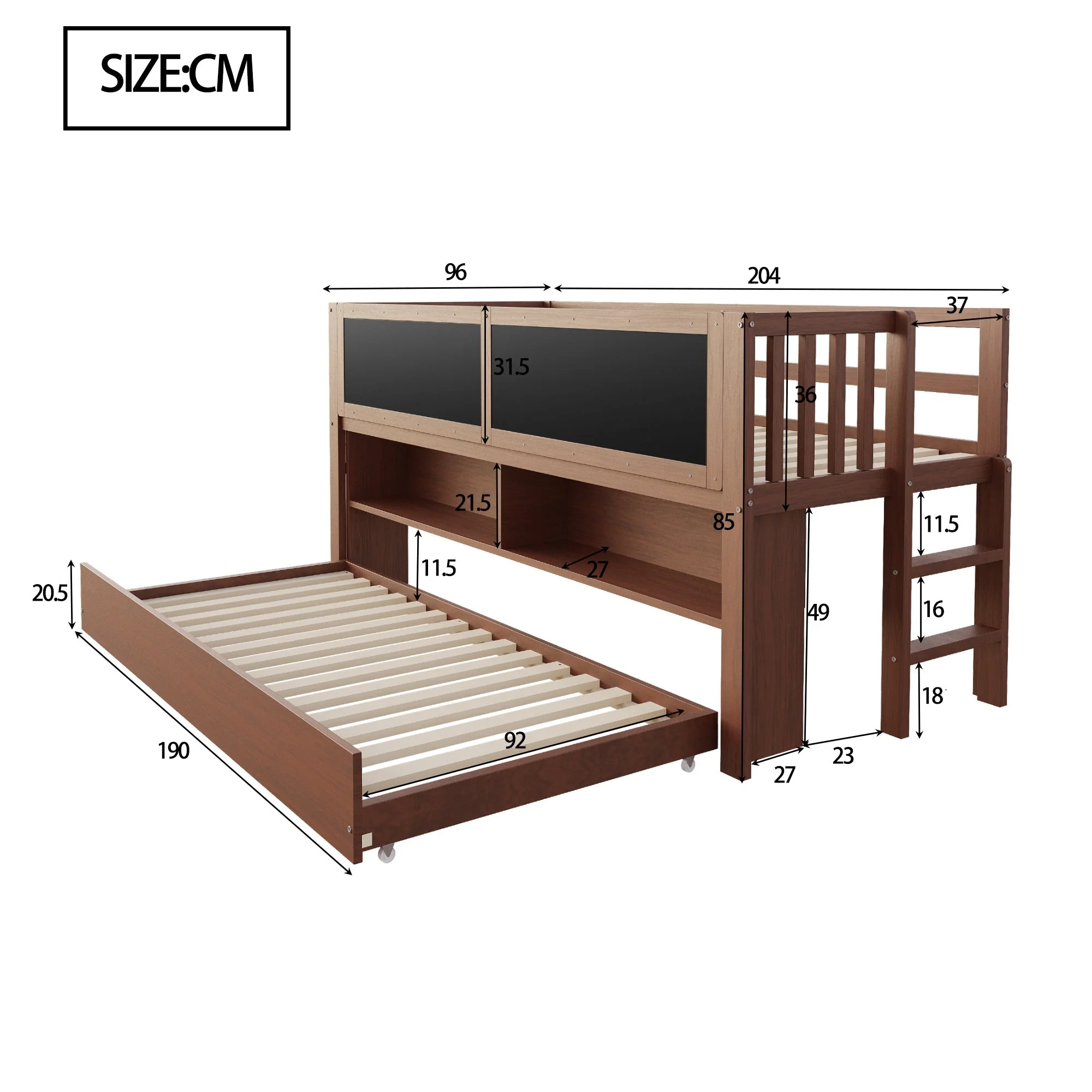 Extendable House Bed 90x200cm with Chalkboard, Storage & Climbing Ladder - Solid Wood Brown - Image 4